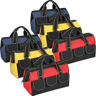 Silkfly 6 Pcs Tool Bag for Men Women Heavy Duty Tool Tote with Waterproof Hard Bottom Multi Pockets Large Mouth Organizer for Various Tool Electrician Carpenter Mechanic(Blue Red Yellow, 13 Inch)