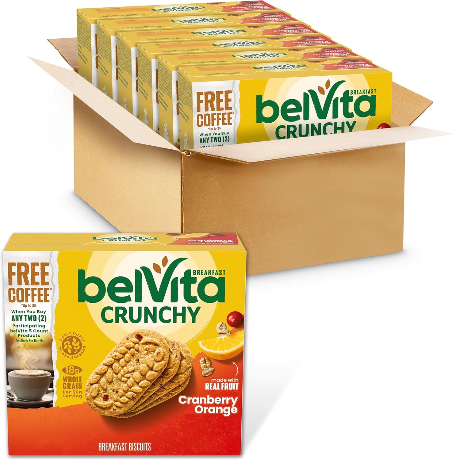belVita Cranberry Orange Breakfast Biscuits, 30 Total Packs, 6 Boxes (5 Biscuits Per Pack)