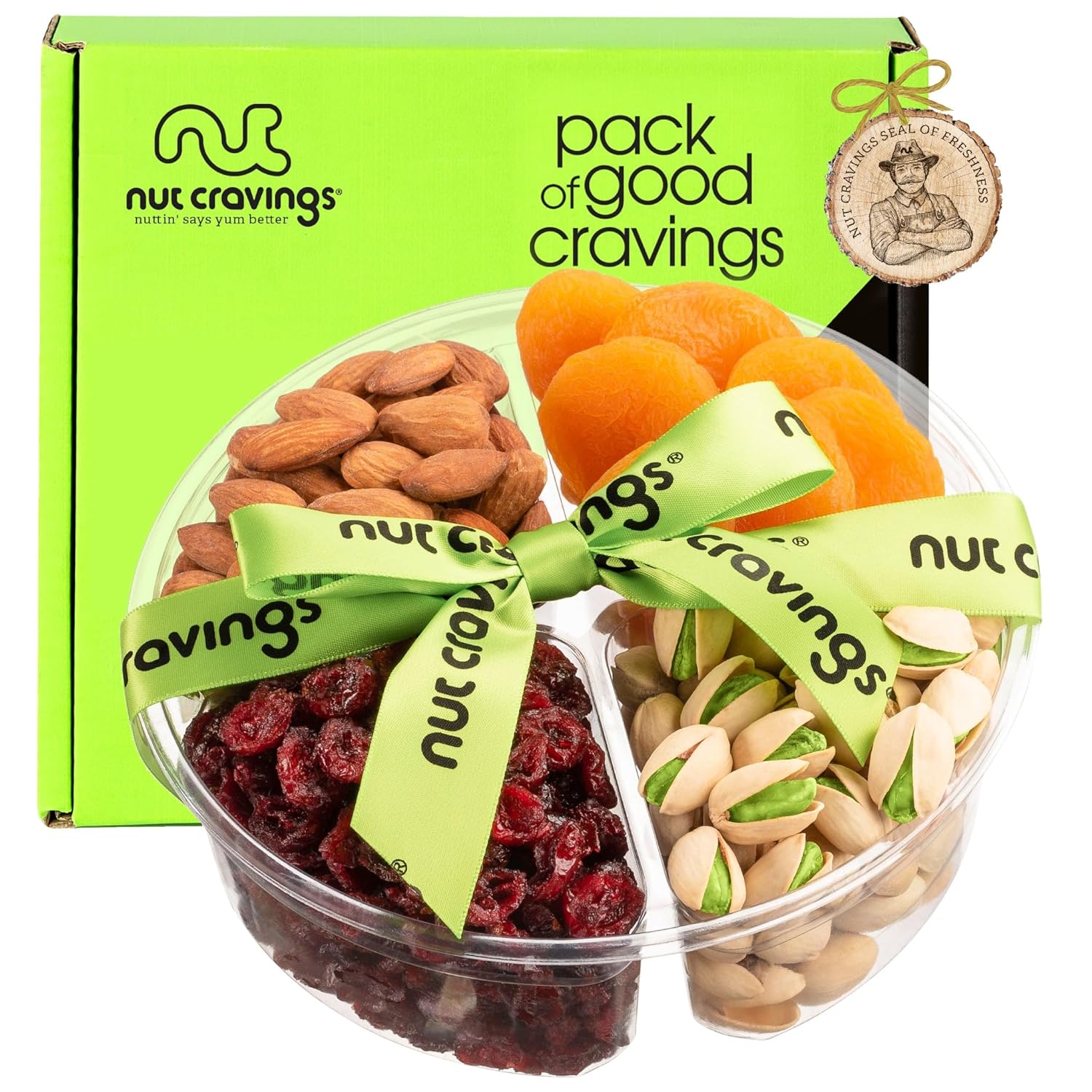 NUT CRAVINGS - Rosh Hashana & Shana Tova Dried Fruit & Mixed Nuts Gift Basket + Green Ribbon (4 Assortments) Food Arrangement, Healthy Snack Care Package, Kosher