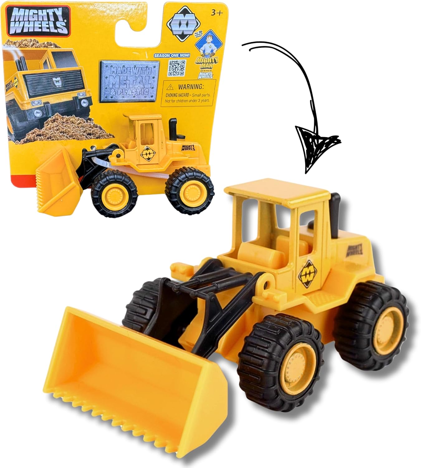 Mighty Wheels Steel Front Loader Truck Toy 3.5" - Free-wheeling Excavator Toy with Movable Scoop - Durable Steel and Plastic Digger Toys - Construction Toys for 3+ Year Old Boys and Girls