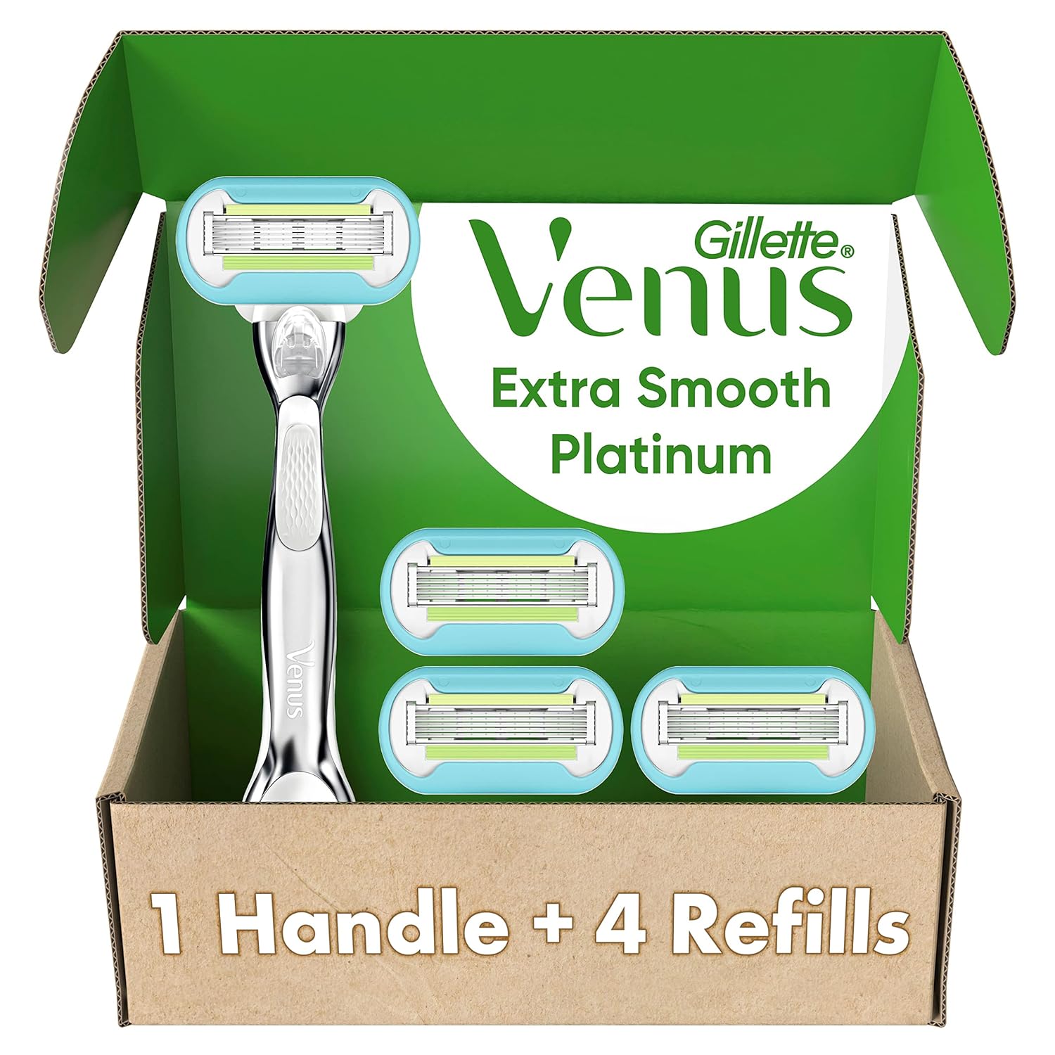 Gillette Venus Platinum Extra Smooth Metal Handle Women's Razor Handle + 4 Blade Refills, Pivoting Head and Ribbon of Moisture