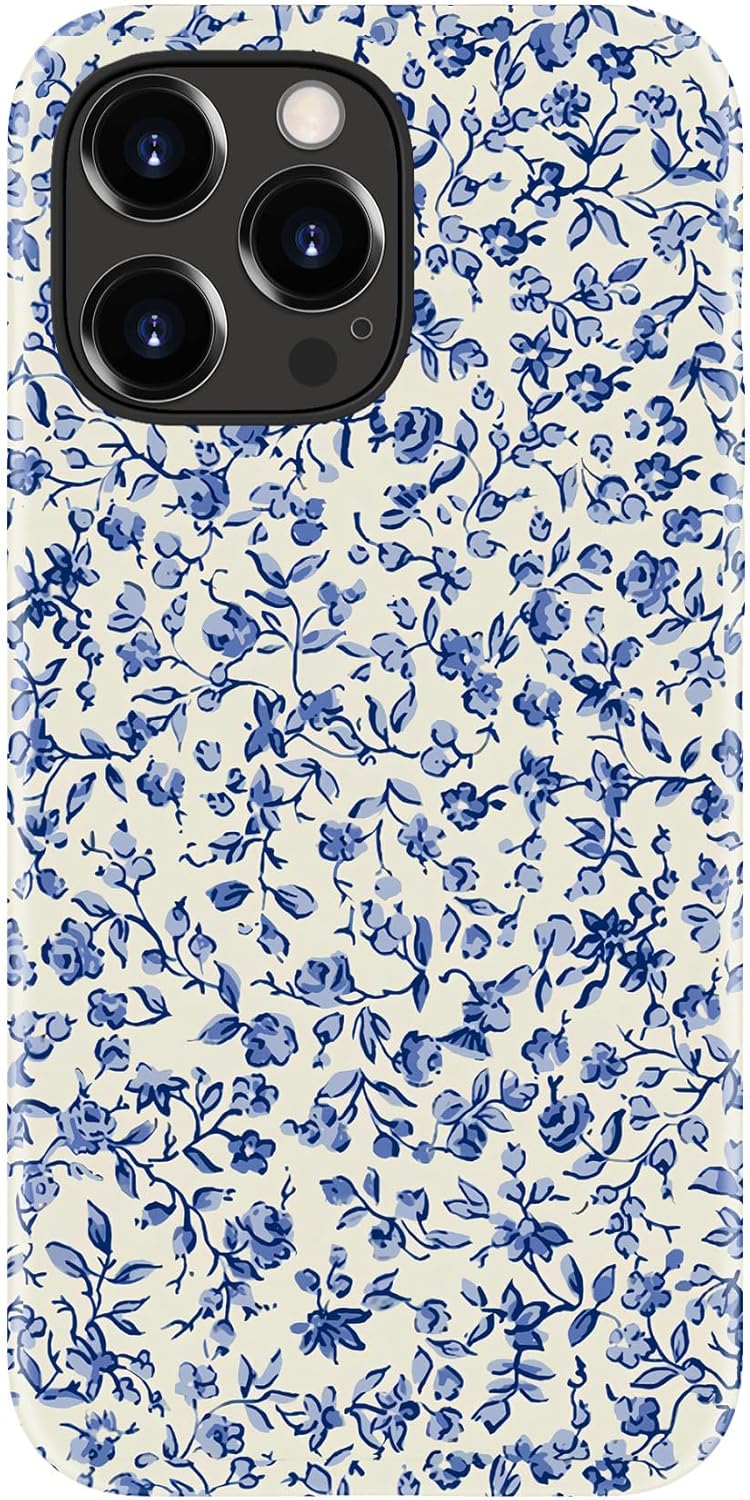 for iPhone 16 Pro Case - Wireless Charging Compatible - Dual-Layer Hard Shell + Silicone Cover - Shockproof Protective Phone Case with Cutee Designs for Women - Tiny Blue Flowers