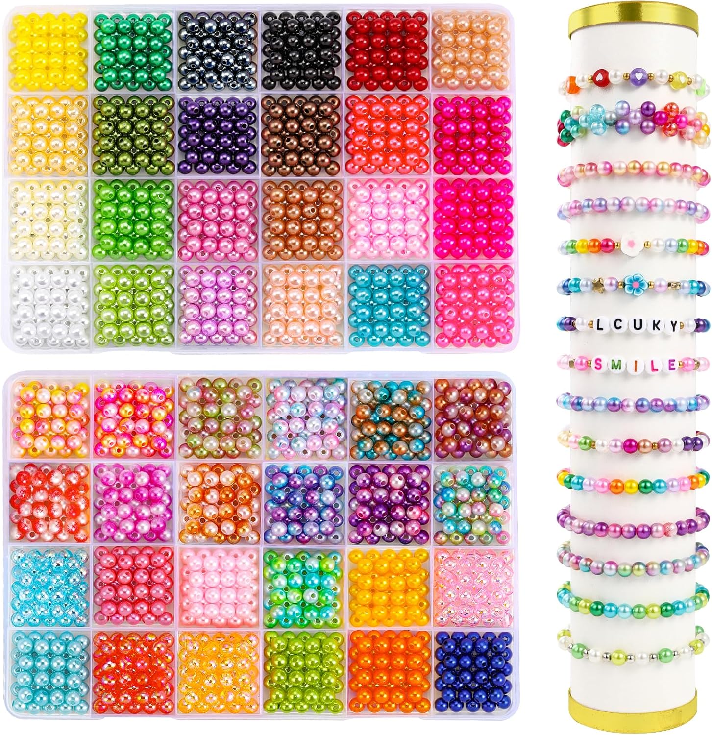 JOLCEEY 2400pcs Pearl Beads for Jewelry Making - 48 Colors 6mm Plastic Colorful Round Glass Spacer Imitation Dyed Faux Pearls for Bracelets, DIY Crafts, Gifts