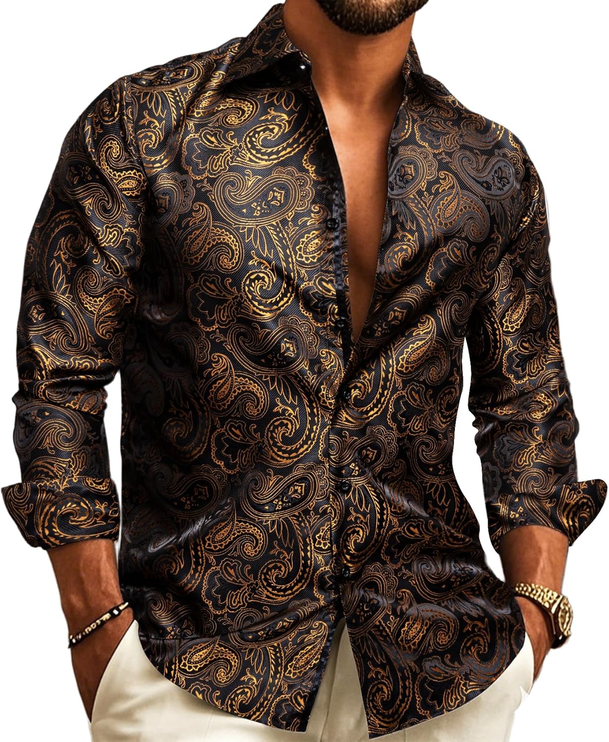 Barry.Wang Men Dress Shirts Paisley Silk Long Sleeve Button Big and Tall Down Shirt Fashion Leisure Wedding Party Prom