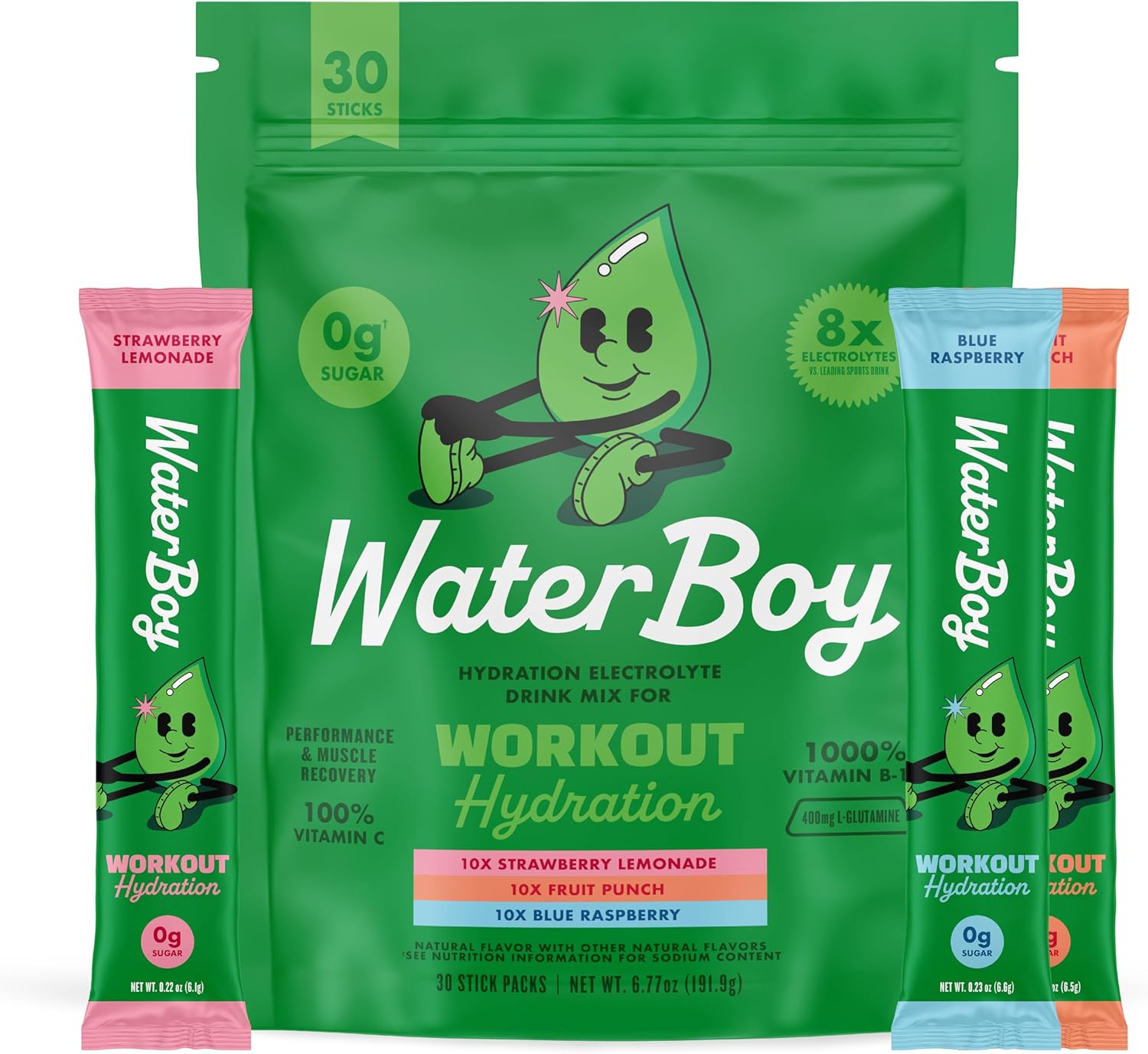Waterboy Workout Hydration | 2,960mg Sugar Free Electrolyte Powder Packets | L-Glutamine + Vitamins | No Sugar, All Natural, Gluten Free (Variety)