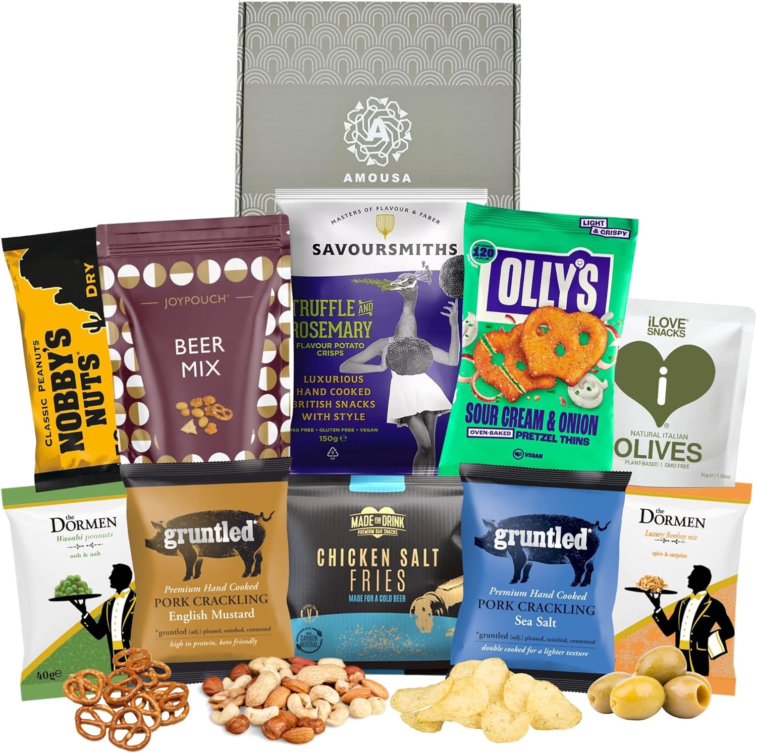 Pub Snacks Hamper with savoury snacks Including Beer Mix, Bombay Mix, Wasabi Peanuts, Pork Scratchings & More – Pork Scratching Gift set, Snacks Gifts, Hampers for Men