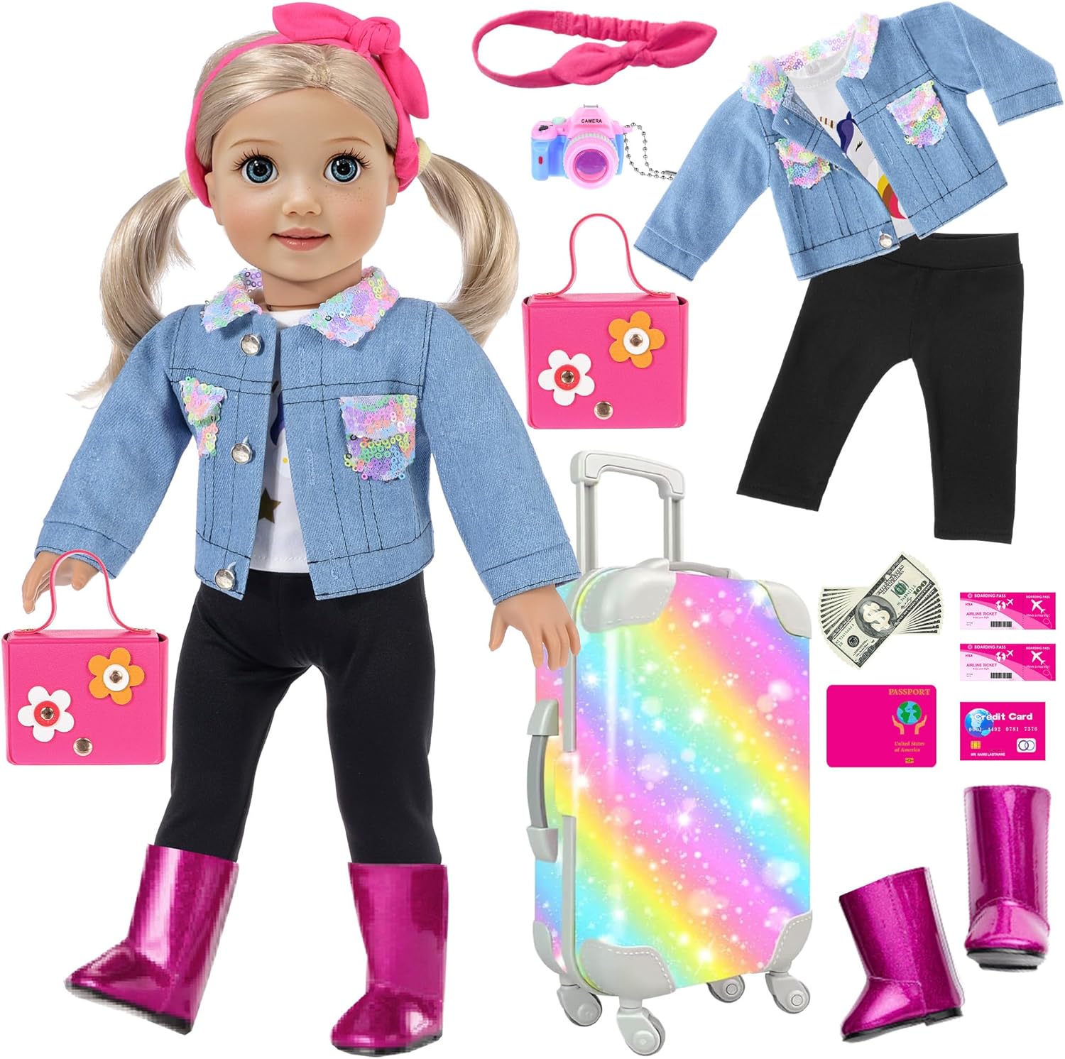 18 inch Girl Doll Clothes and Accessories Case Luggage Travel Play Set Include Colorful Suitcase, Jeans Jacket, Top, Pants, Boots, Camera, Handbag ... (No Doll)