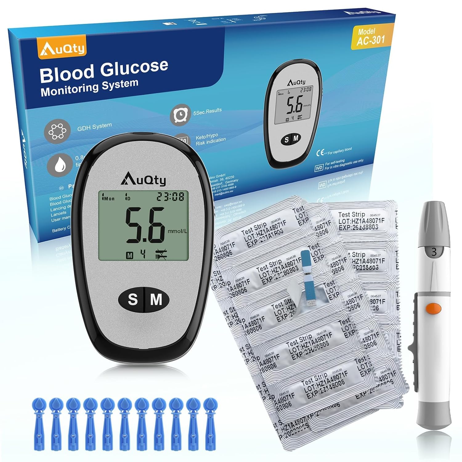 AuQty Blood Glucose Monitor With Individually wrapped Blood Glucose Test Strips Blood Sugar Meter With Hypo & Ketone Warning Glucometer -in mmol/L