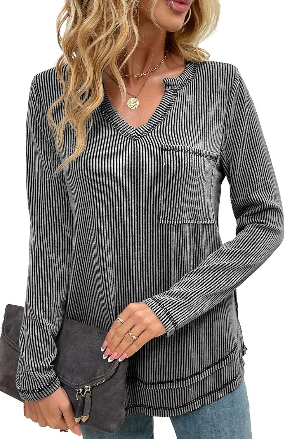 levaca Womens Long Sleeve Tops Fall Ribbed V Neck Shirts Loose Fit Exposed Seam Tunics to Wear With Leggings