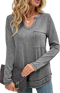 levaca Womens Long Sleeve Tops Fall Ribbed V Neck Shirts Loose Fit Exposed Seam Tunics to Wear With Leggings