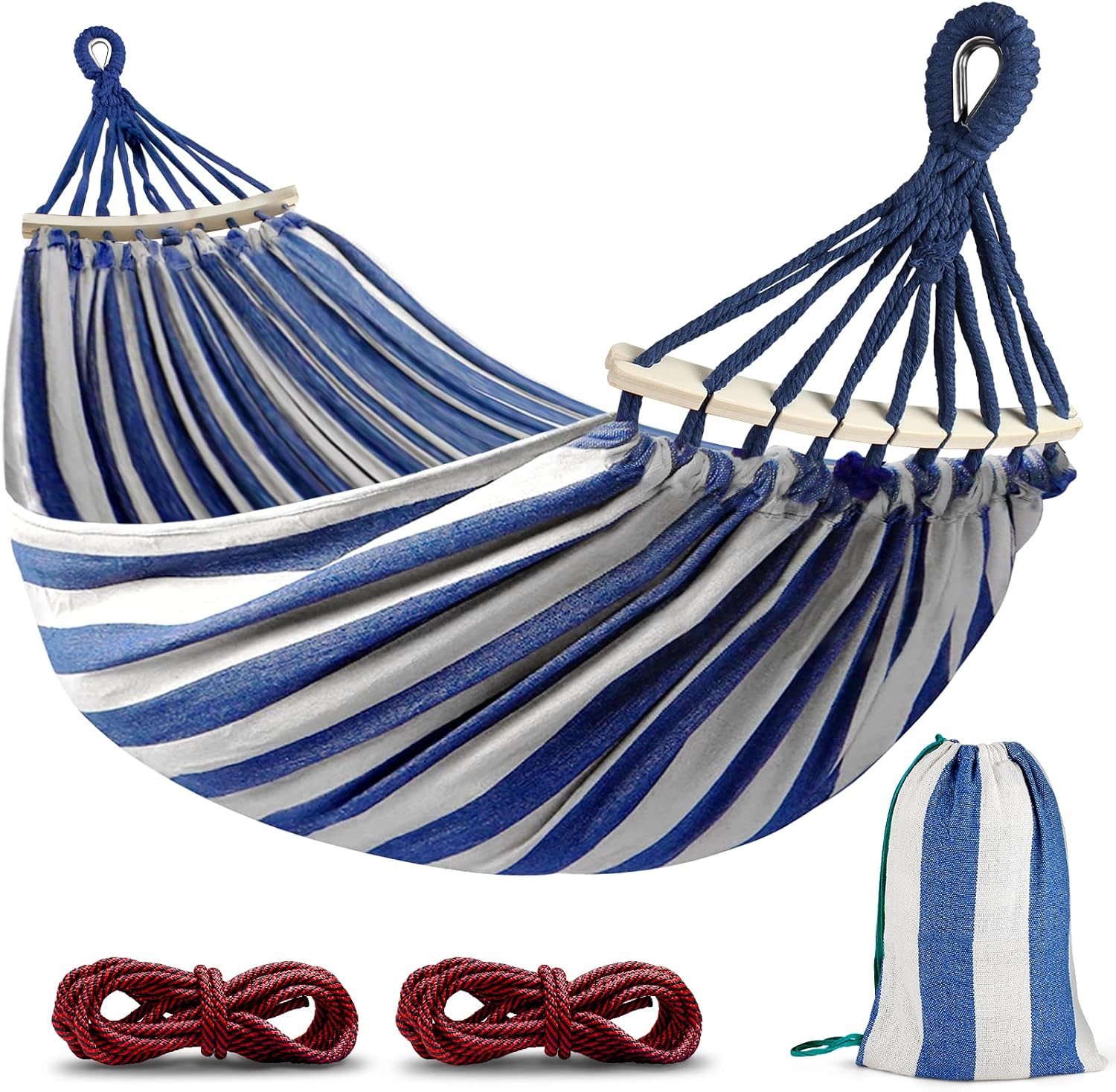 MOSFiATA 275x155cm Hammock with Spreader Bars, Camping Hammock Outdoor, with Thickened Durable Canvas Fabric and Sturdy Metal Knot, 550 lb Load Capacity, for Backyard, Garden, （Blue White)