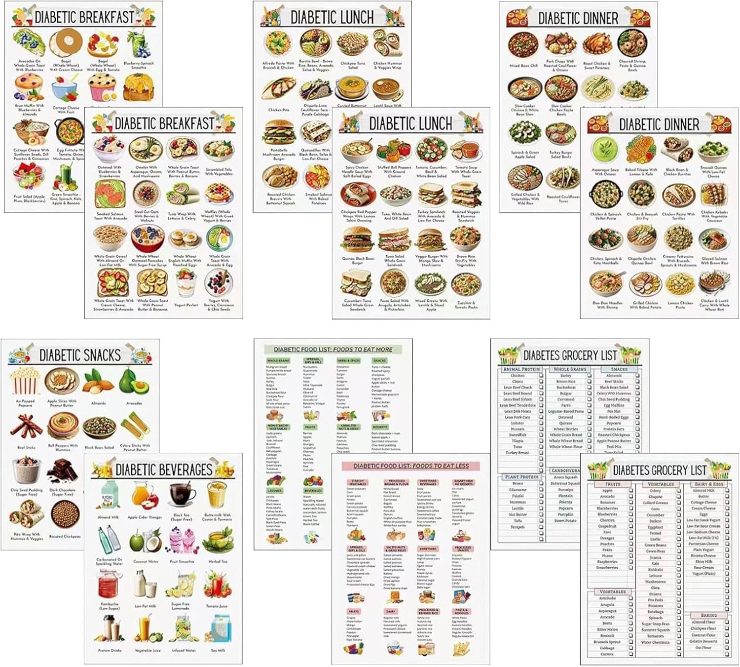 12-Pack Food List Posters - Low-Carb Diet Plan with Glycemic Index Guide, Shopping Lists & Nutrient Charts - 20x25cm Printable Dietary Management for Blood Sugar Control