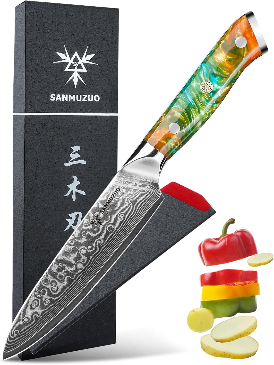 5 Inch Kitchen Utility Knife - Xuan Series Kitchen Knives - VG10 Damascus Steel with Resin Handle (Fantasy Orange)