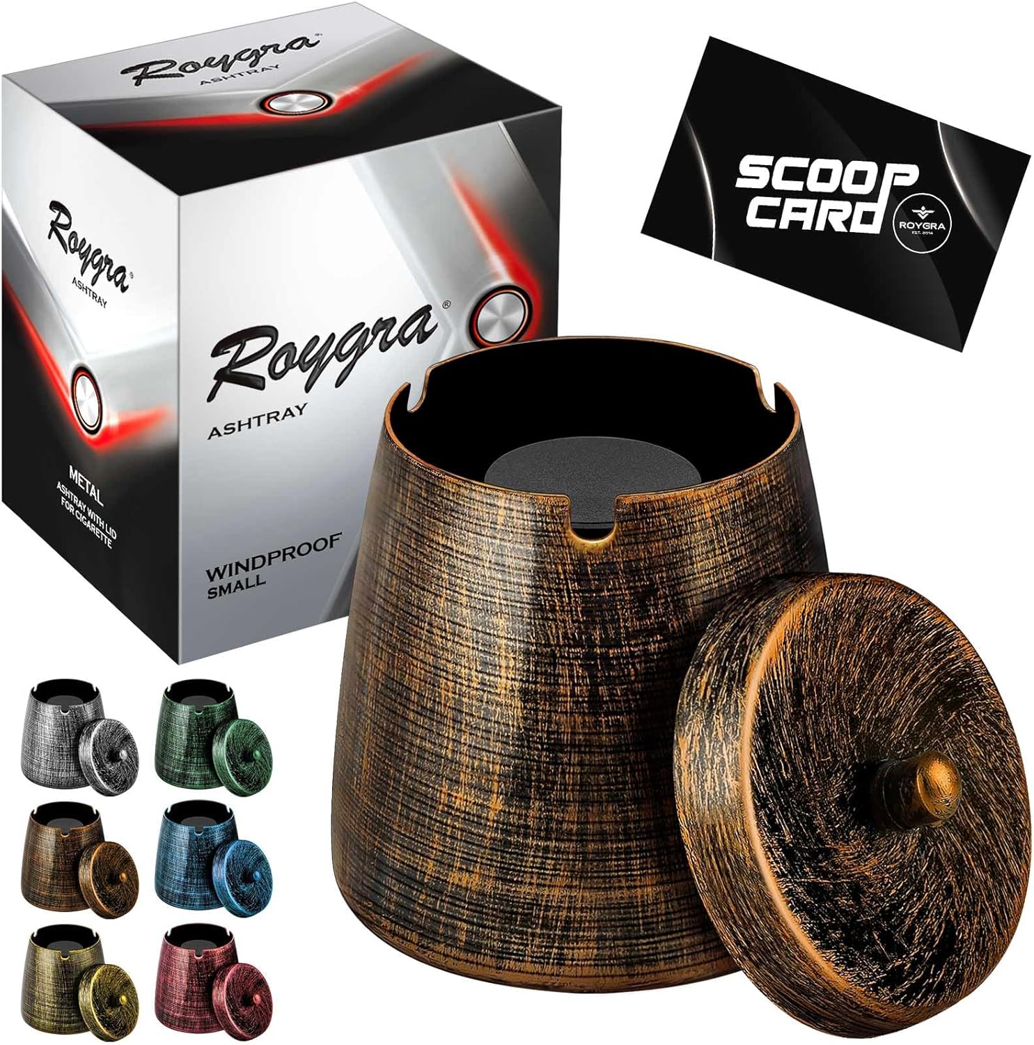 roygra Outdoor Ashtray for Outside Patio, Metal Windproof Smokeless Ashtray with Lid, Home Table Decor, Patio Decorations Outdoor, Ashtrays for Smokers Indoor - Bronze, Small (3.81 x 3.08 x 3.08’’)