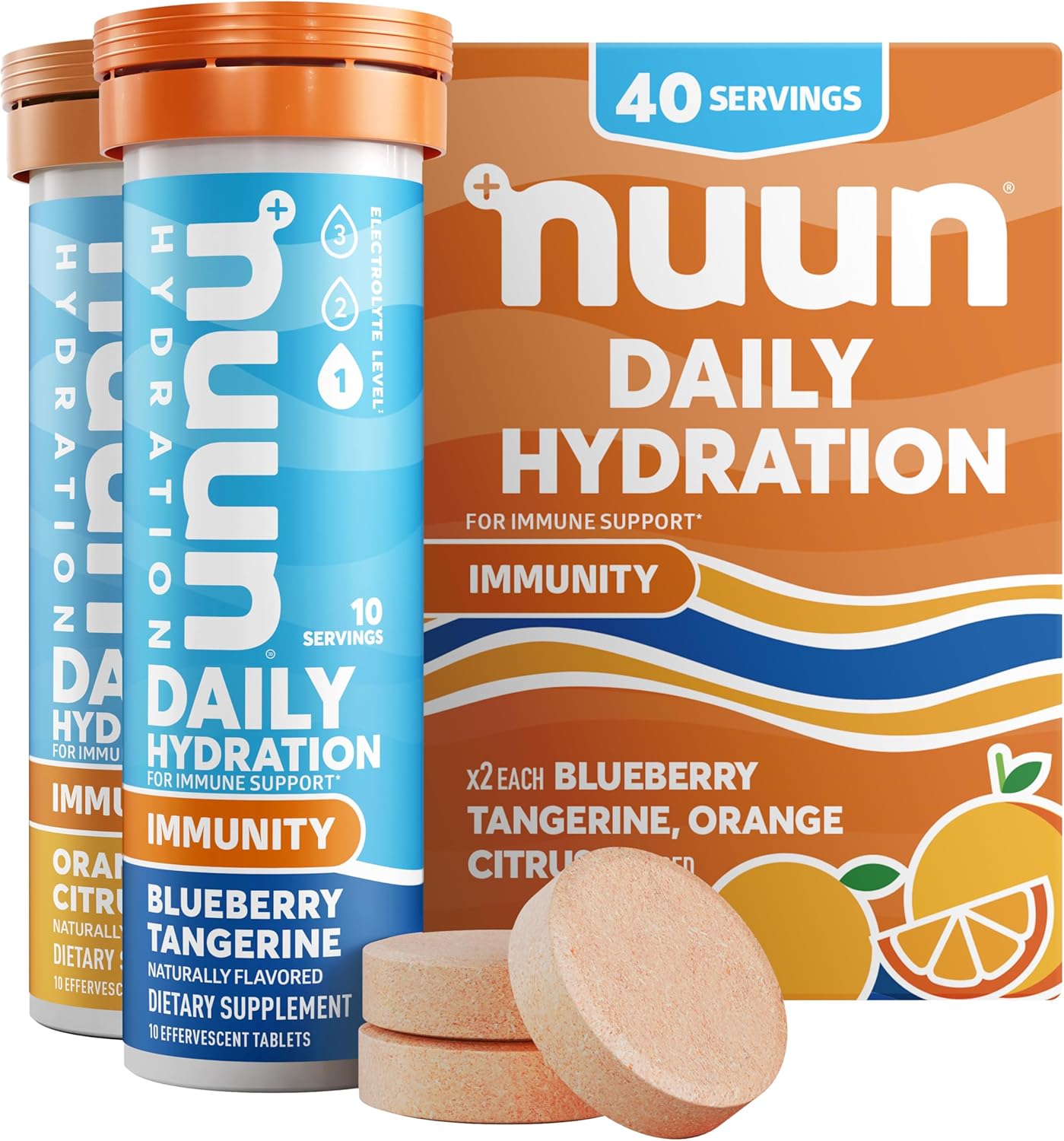 Nuun Immunity Electrolyte Tablets with Vitamin D, C, E, & A, Ginger, Elderberry, Magnesium & 4 Other Essential Electrolytes, Vegan, Blueberry Tangerine & Orange Citrus, 4 Pack (40 Servings Total)