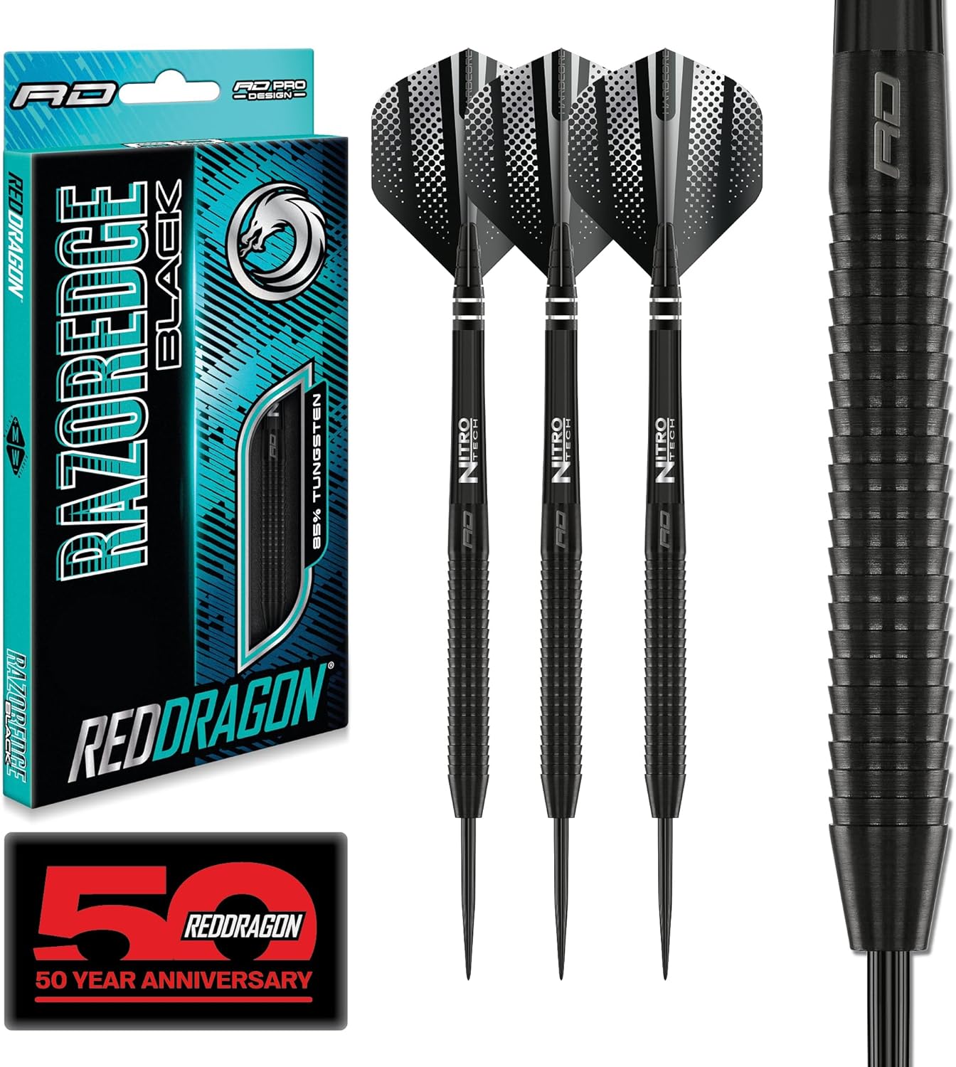 RED DRAGON Razor Edge Black 20g, 22g, 23g, 24g, 26g, 28g Steeltip or 18g Softip Tungsten Darts with Flights and Stems