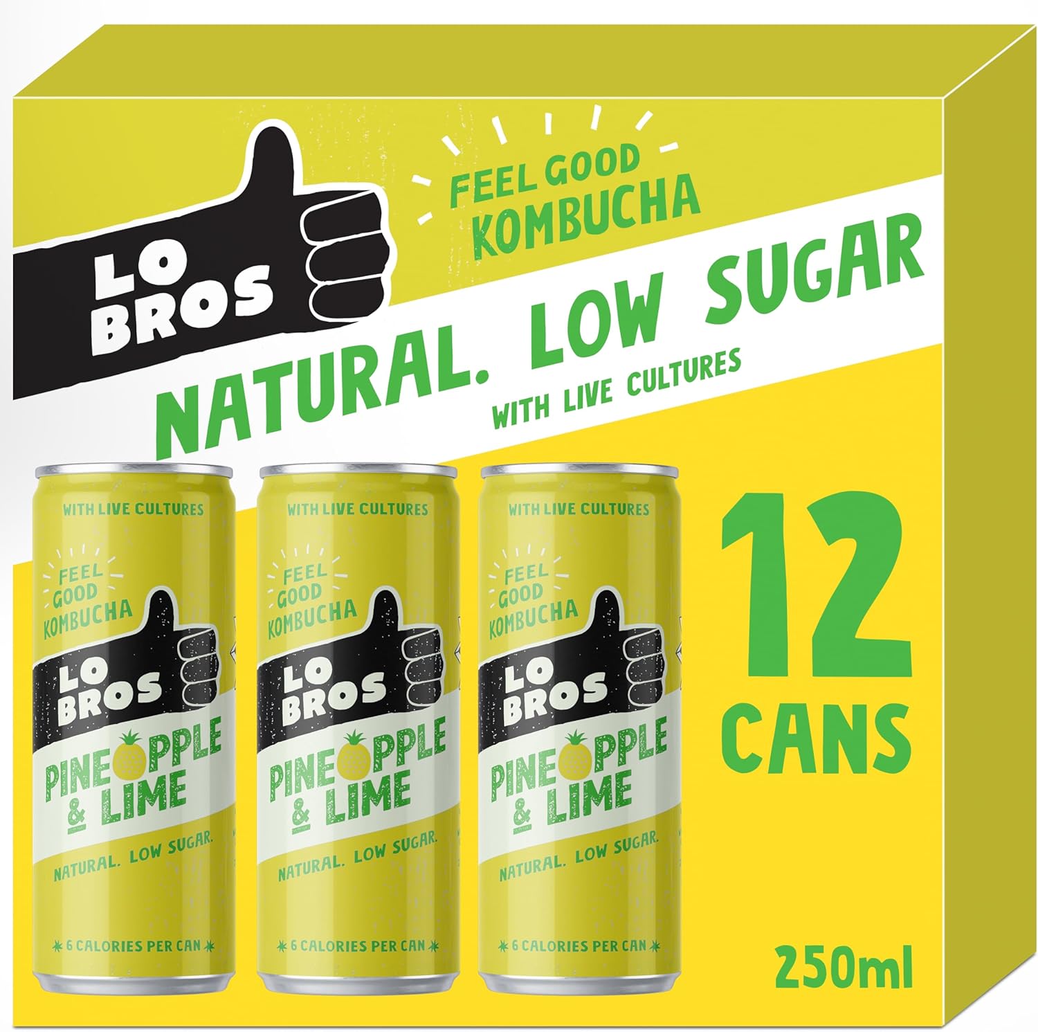 Lo Bros Kombucha - Pineapple & Lime - Sparkling Refreshing Drink with Natural Ingredients and Live Cultures, Supports Gut Health, Low Sugar, Vegan, Gluten Free - 12 x 250ml