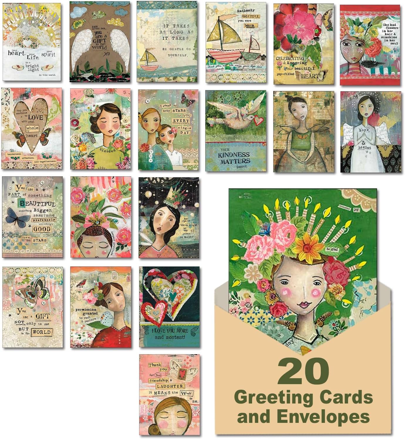 Leanin' Tree The Art of Kelly Rae Roberts - Made in USA - 20 All Occasion Cards Assortment Box with Envelopes, Greeting Cards Assortment Box, Includes Birthday, Thank You, Blank, Get Well, Sympathy