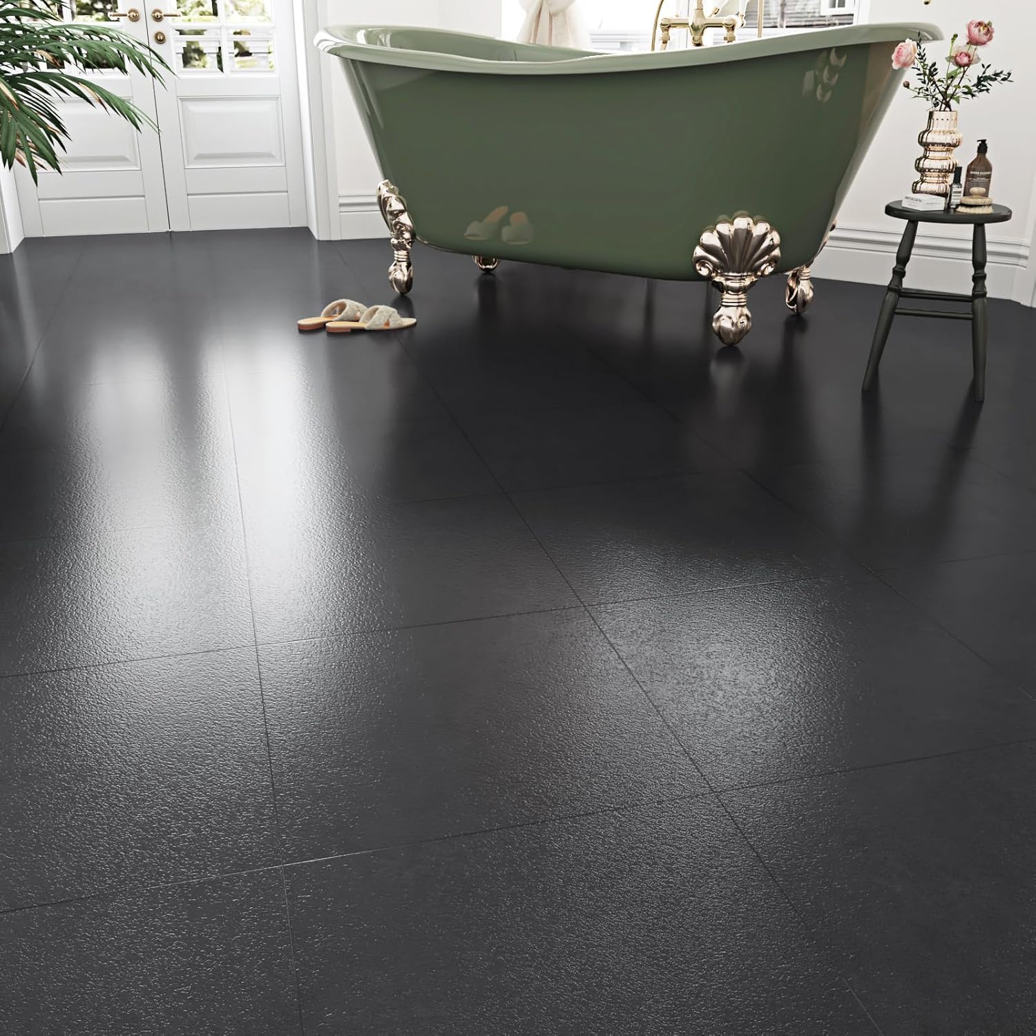 WESTICK Black Marble Peel and Stick Floor Tile Bathroom Self Adhesive Vinyl Floor Tiles Peel and Stick Waterproof Tile Flooring Removable Floor Tile Stickers for Bedroom RV Camper 5 Pcs 12" x 12"