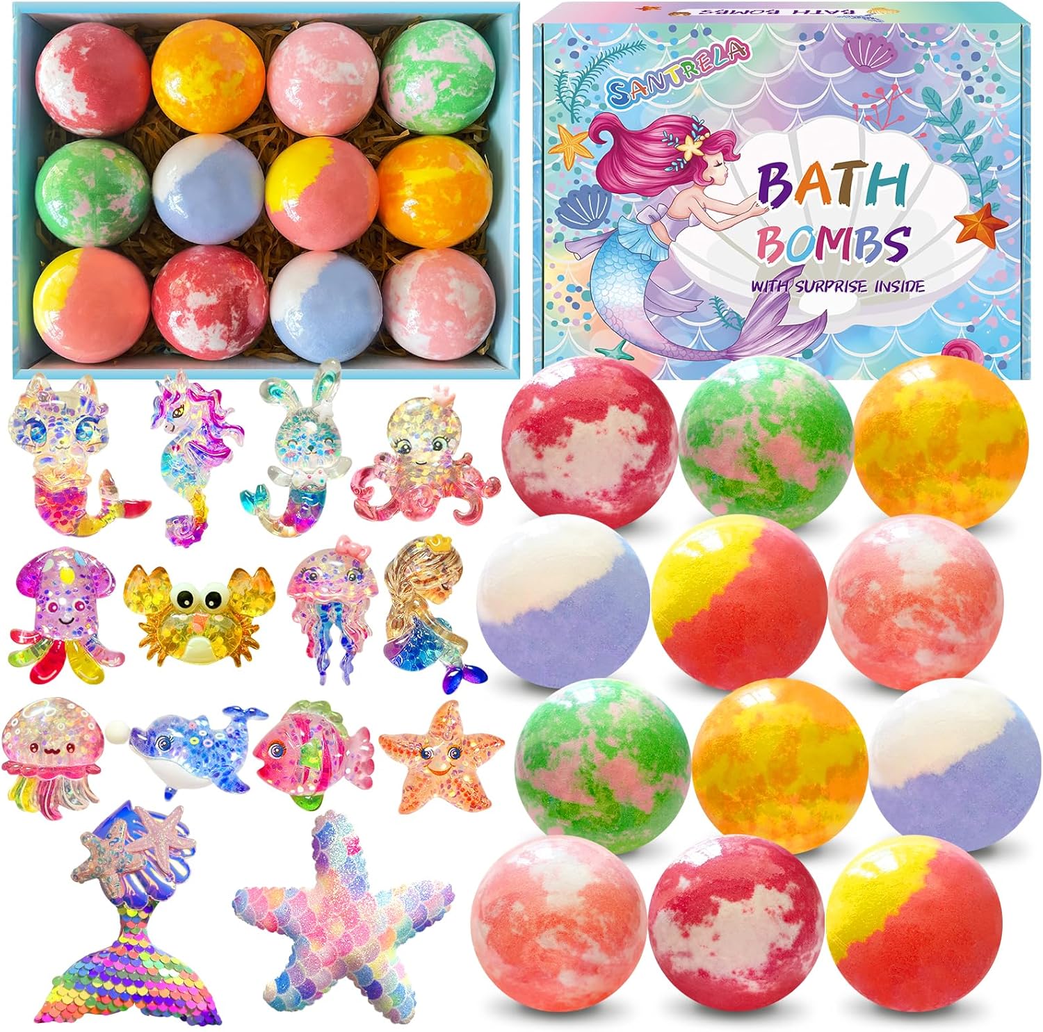 Bath Bombs for Kids with Surprise Inside, 12pcs Kids Bath Bombs with Mermaid Toys Gift Set for Girls, Shea & Coco Butter Dry Skin Moisturize, Handmade Fizzy Bubble Spa Bath Ball for Birthday Christmas