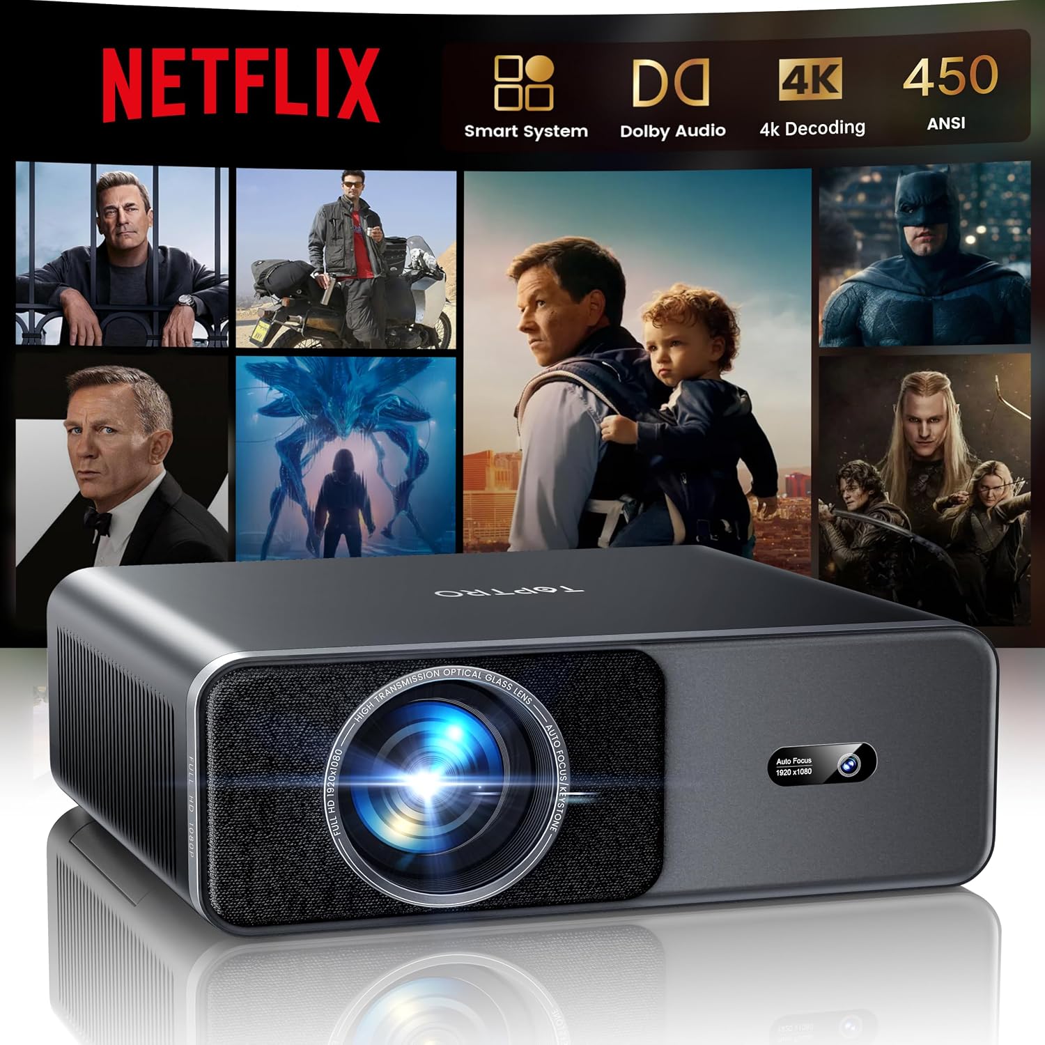 Smart Projector【Compatible with Netflix】4K Projector with WiFi 6 and 2-Way Bluetooth, AI Auto Focus & Keystone, 20W Dolby Audio,Built-in Apps,TOPTRO A1 Portable Proyector for Outdoor / Home Movie