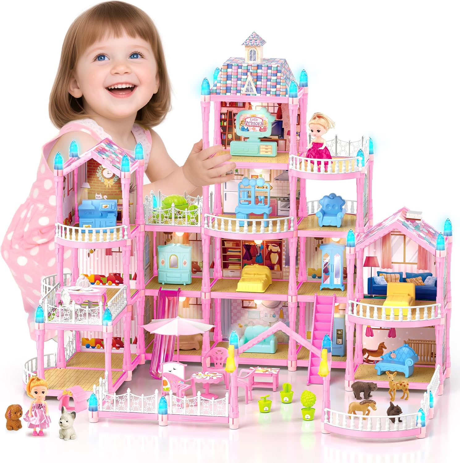 Doll House for Girls, Dream Dollhouse 4-Story 15 Rooms with 2 Dolls, Lights, Animals, Furniture and Accessories, Pretend-Play Toddler Playhouse Gift for 3 4 5 6 7 8 9 10+ Year Old Girls Toys