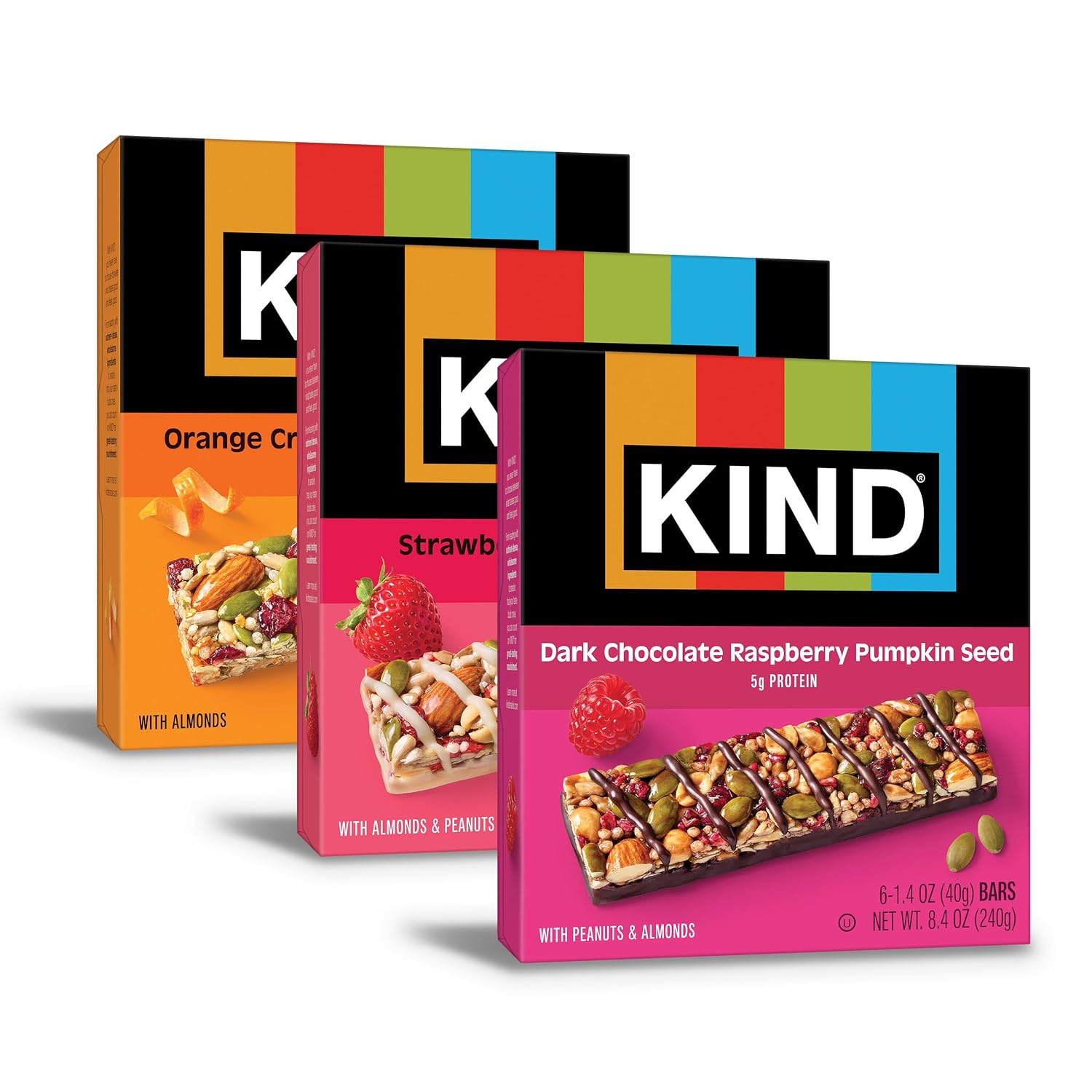 KIND Healthy Snacks Bars Variety Pack, Gluten Free, High Fiber Snacks, Strawberry Sunflower Seed, Dark Chocolate Raspberry Pumpkin Seed, Orange Cranberry Pumpkin Seed, 5g Protein, 18 Count