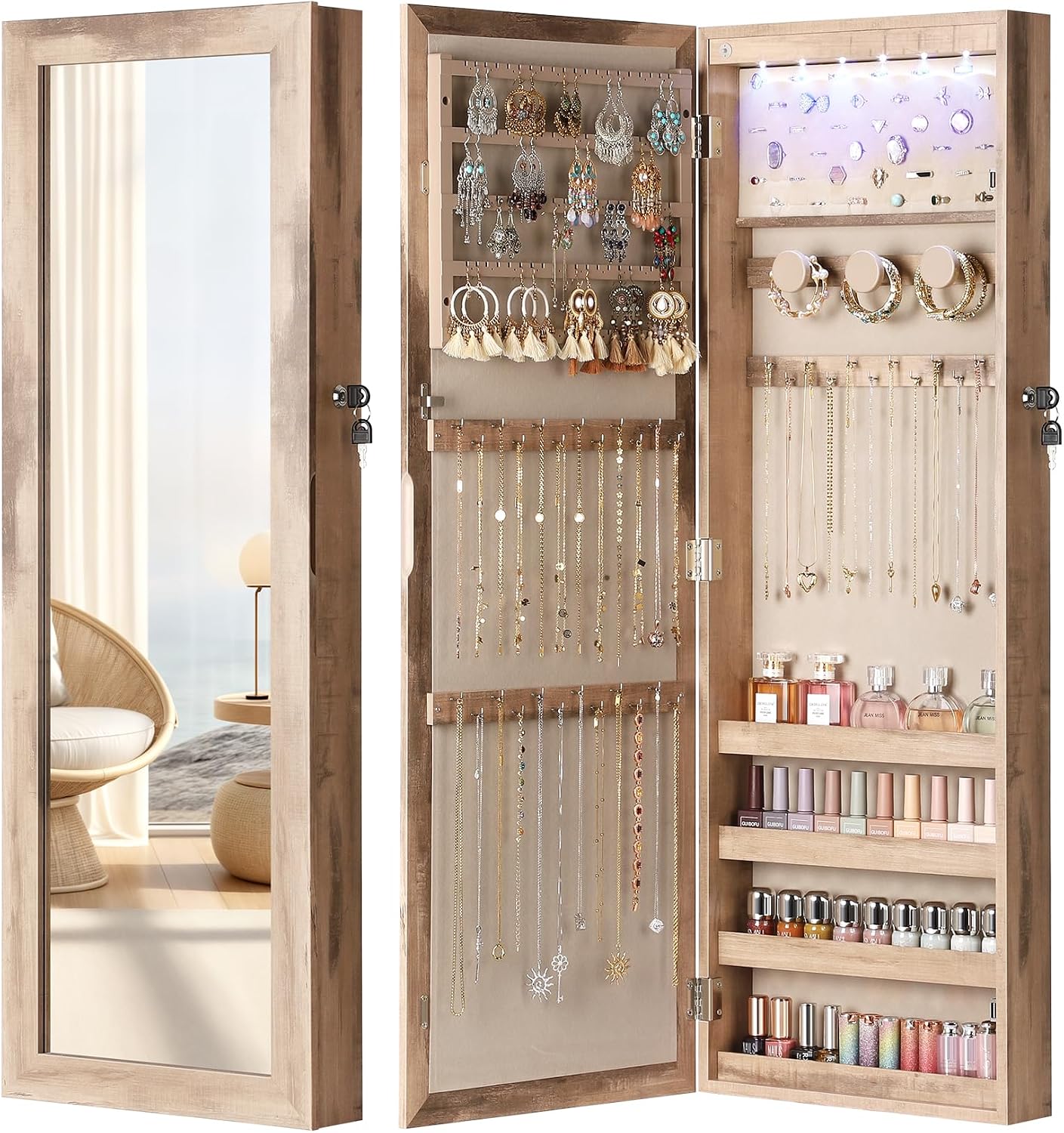 Nicetree 6 LEDs Jewelry Armoire, Hanging Mirror Jewelry Cabinet, Oak