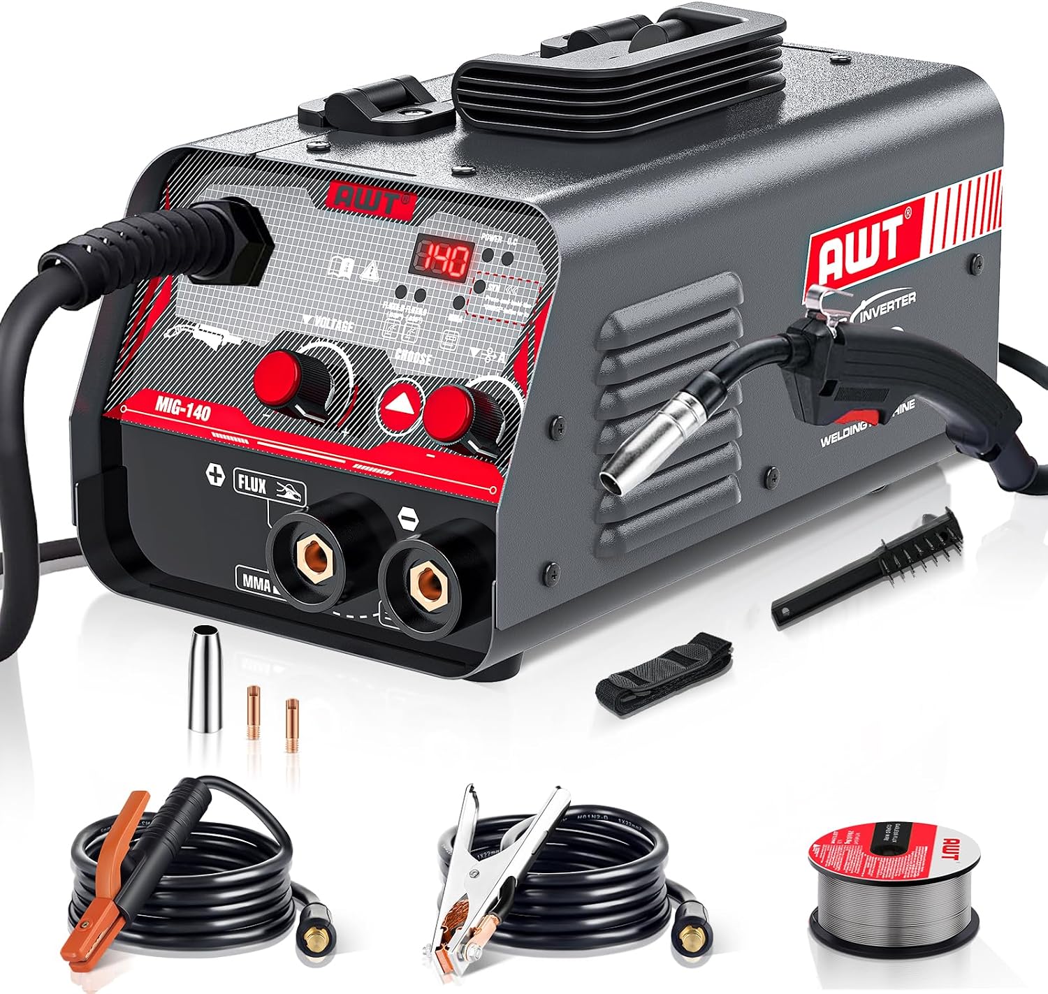 AWT MIG Welder 140A, 2 in 1 Welding Machine,Welder Machine 110V | Flux Core MIG Welder/Stick 2 in 1 Welding Machine, 110V With Synergy IGBT Inverter, Portable Gasless Welder Equipment