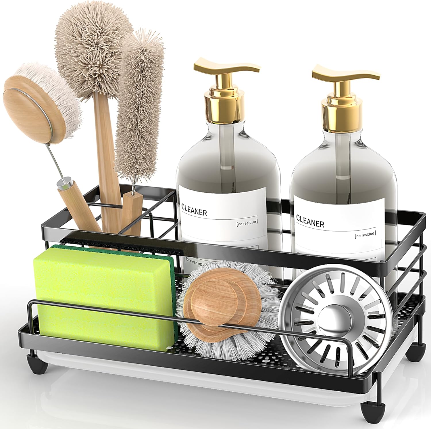 Cisily Sponge Holder , Caddy Organizer, Sink Accessories with Drip Tray, Rustproof and Non-slip , Kitchen Essentials for New Home(Matte Black
