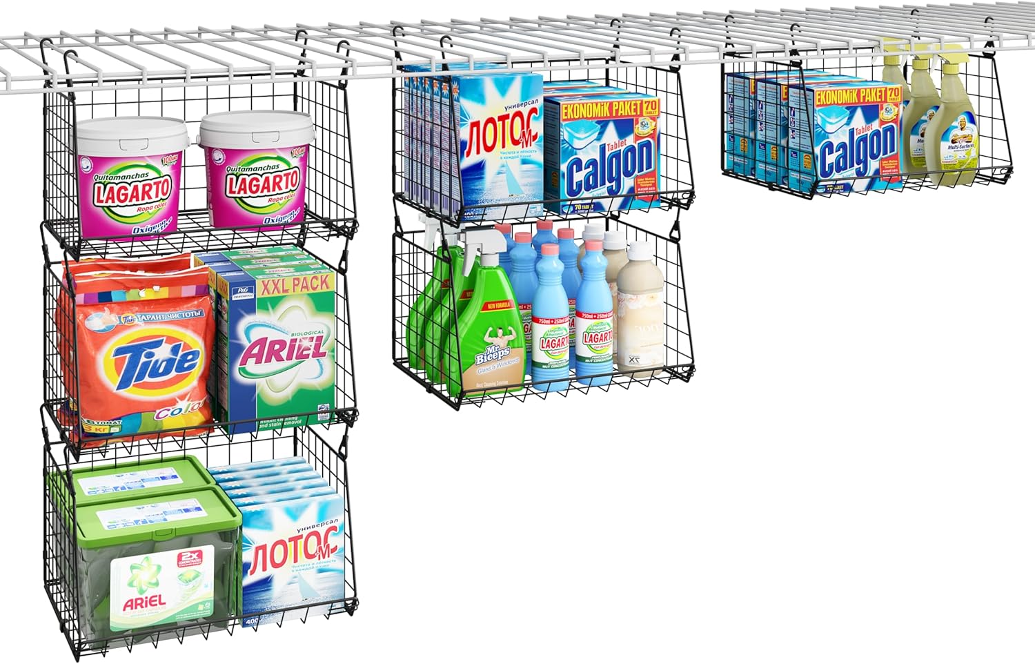 3-Tier Hanging Metal Laundry Basket:Foldable Laundry Room Organizer Wire Shelf Basket with 360°Rotating Hooks Space Saving Over Washer and Dryer Shelves - Closet Storage in Laundry Room Organizaton