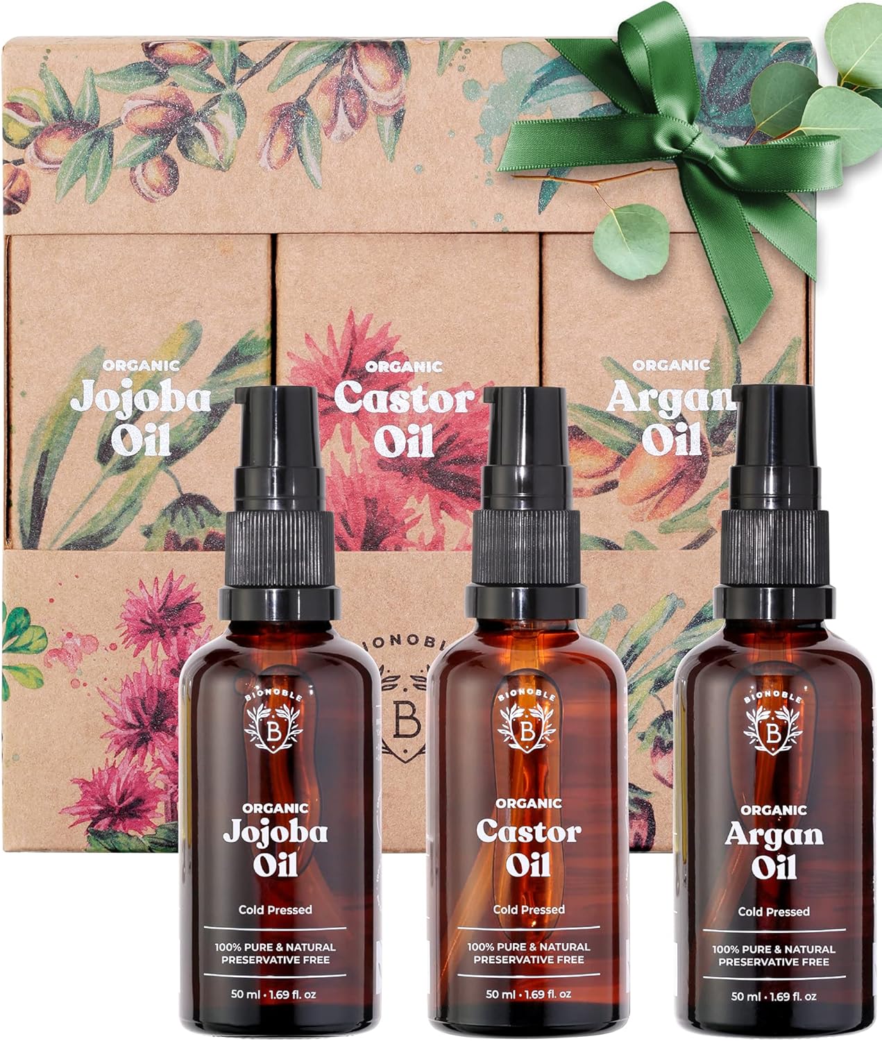 Bionoble Skincare Set 3x50ml - Organic Castor Oil, Argan Oil and Jojoba Oil - Face, Body and Hair Care - Birthday Gifts for Women