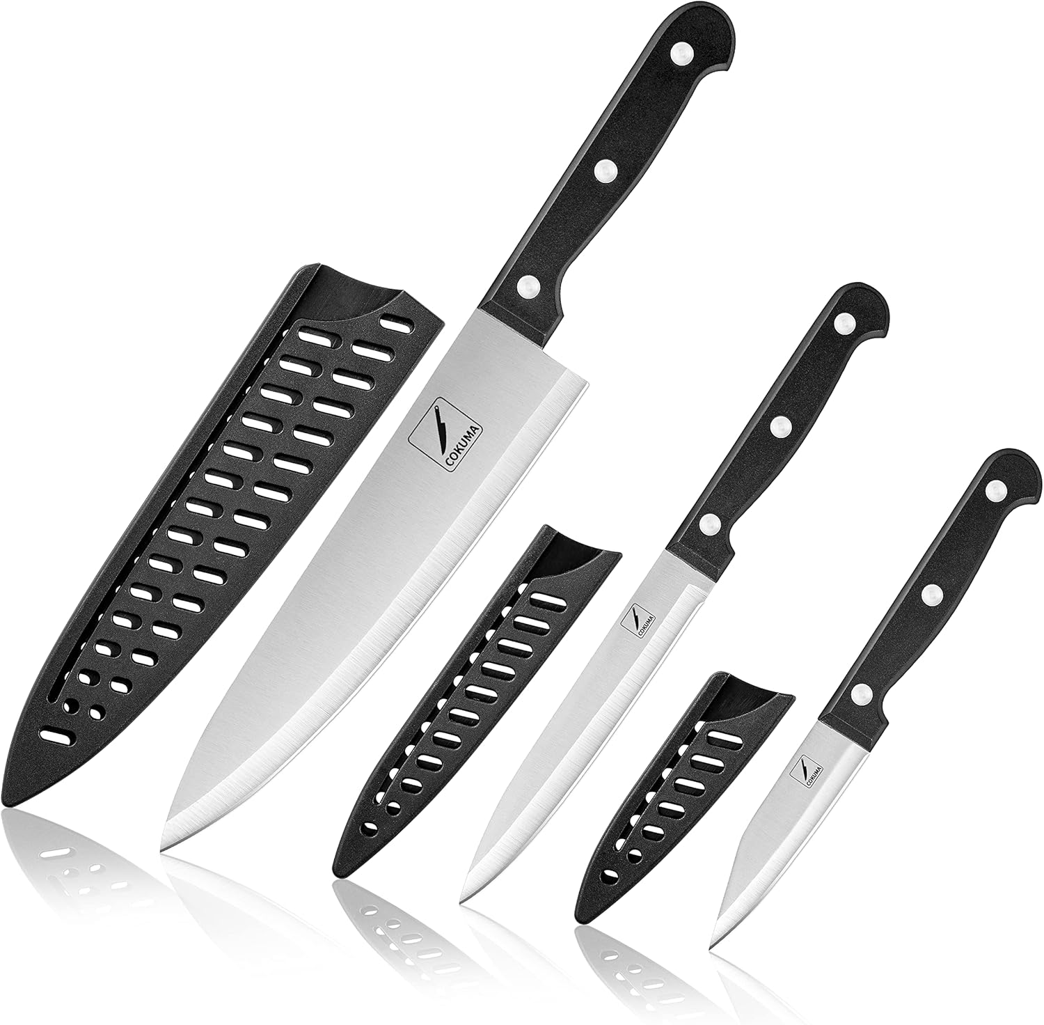 Kitchen Knife, 3-Pcs Knife Set With Sheath, 8 Inch Chef Knife, 4.5 Inch Utility Knife, 4 Inch Paring Chef Knife, Stainless Steel, Black