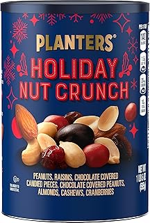 PLANTERS Holiday Nut Crunch Mix with Peanuts, Raisins, Chocolate Covered Peanuts, Almonds, Cashews, Cranberries, Holiday Snack, Party Nut Mix, 21oz Canister