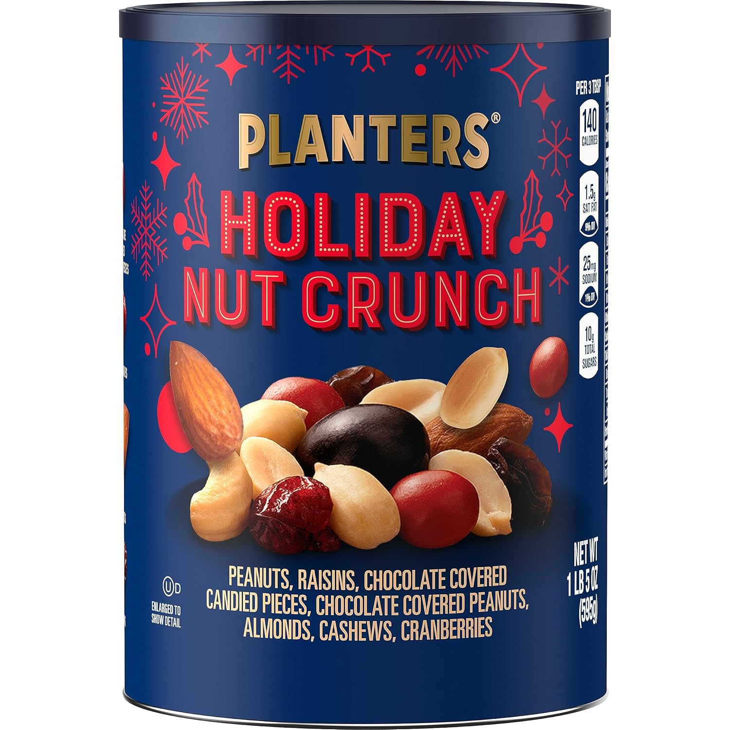 PLANTERS Holiday Nut Crunch Mix with Peanuts, Raisins, Chocolate Covered Peanuts, Almonds, Cashews, Cranberries, Holiday Snack, Party Nut Mix, 21oz Canister