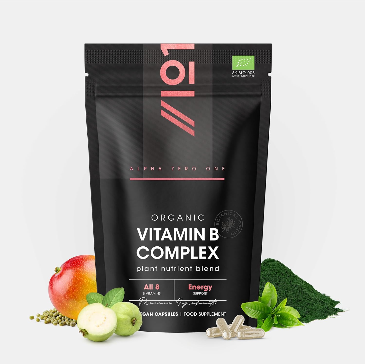 Organic Vitamin B Complex – 100% Plant Based Blend – All 8 B Vitamins – Energy Support – 60 Vegan Capsules – Resealable and Recyclable Pouch by Alpha01