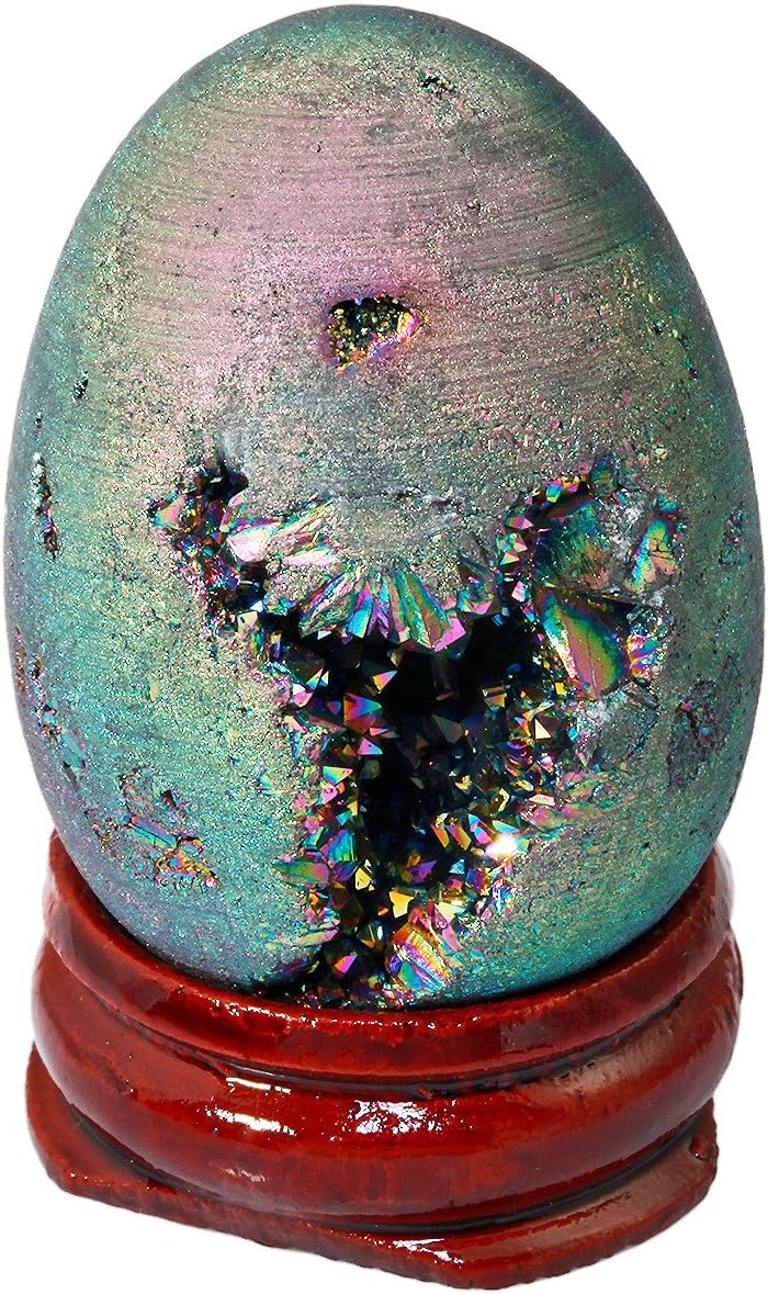 Nupuyai Druzy Agate Geode Crystal Egg with Stand, Rainbow Titanium Coated Quartz Cluster Specimen Spiritual Healing Stone for Home Decor