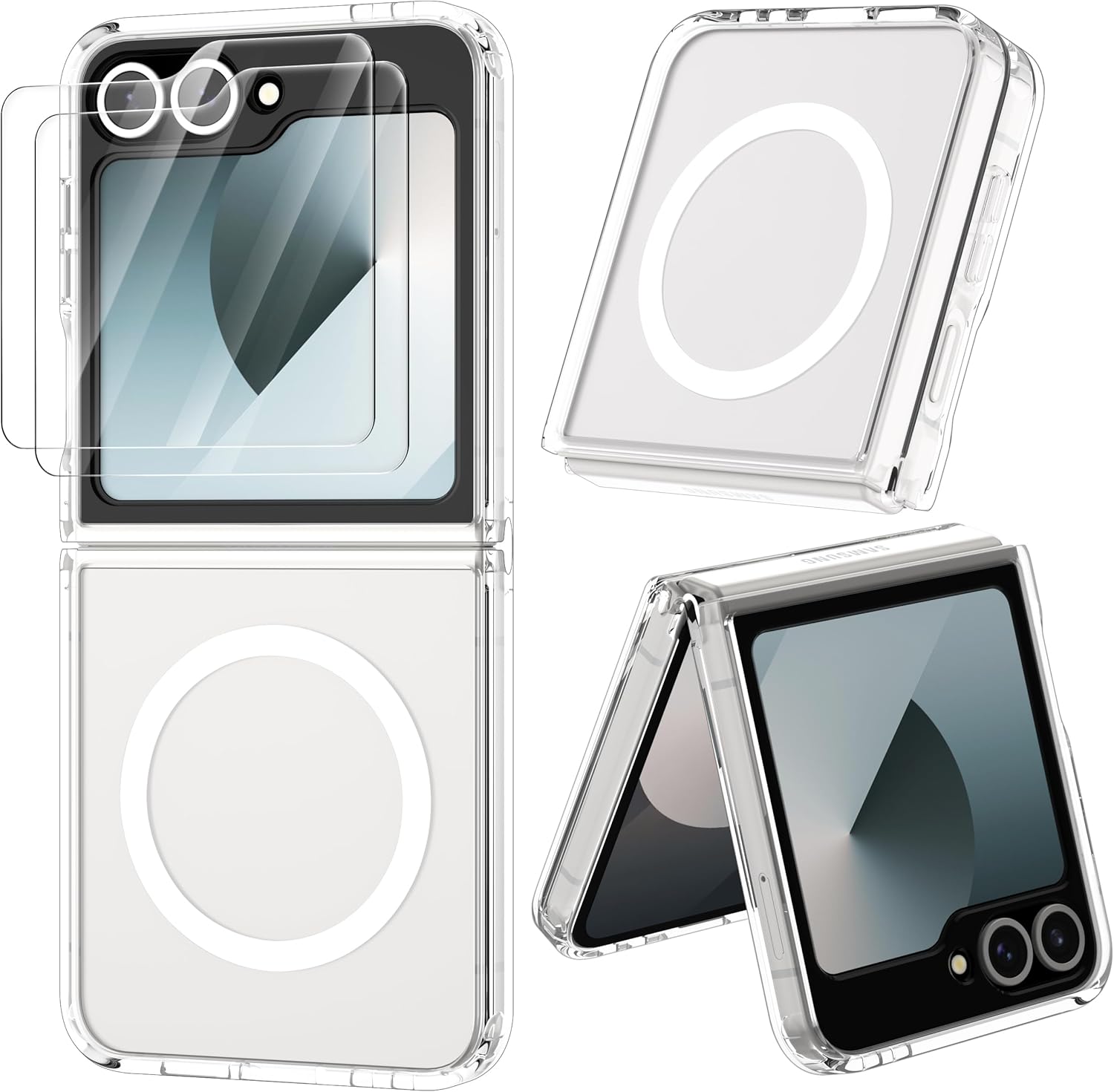 ORETECH Magnetic for Samsung Galaxy Z Flip 6 Case, with [2 x Screen Protector] Transparent Back Non-Slip Hard PC Shockproof Bumper Protective Case for Samsung Z Flip 6 - Clear