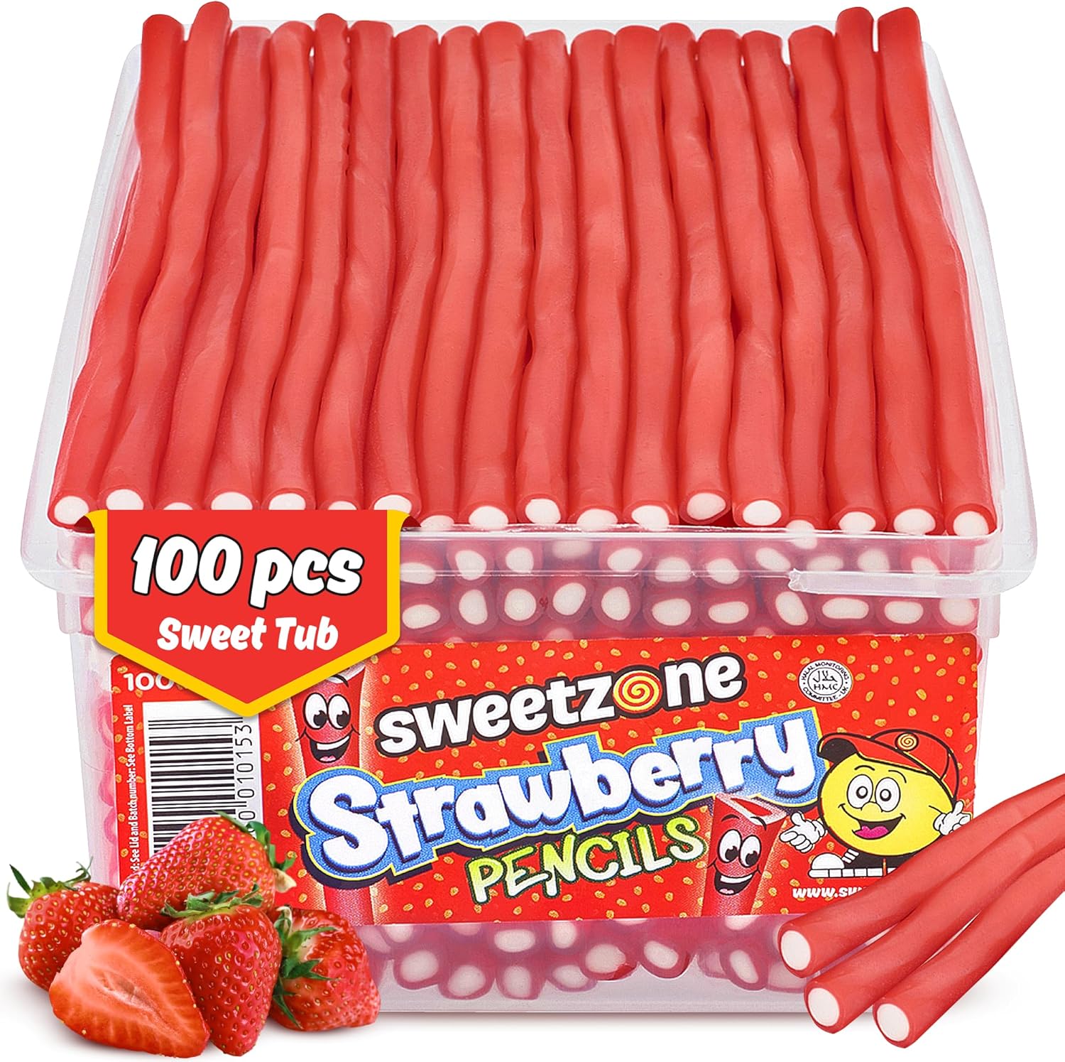 Sweetzone Strawberry Pencils, Retro Sweets Tub, Candy Sticks, 100 pcs, Halal Sweet, Sweets Bulk, Gummy American Candies, UK British Candy Enthusiasts