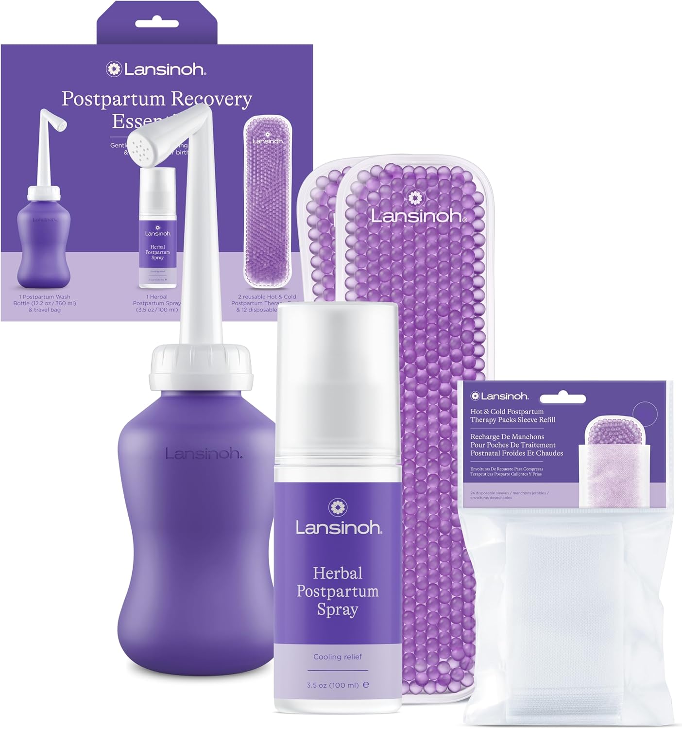 Lansinoh Bounce Back Postpartum Bundle, 16-Piece Gift Set with Peri Bottle, Herbal Perineal Spray, Reusable Perineal Ice Packs and Sleeves, Postpartum Essentials for New Moms