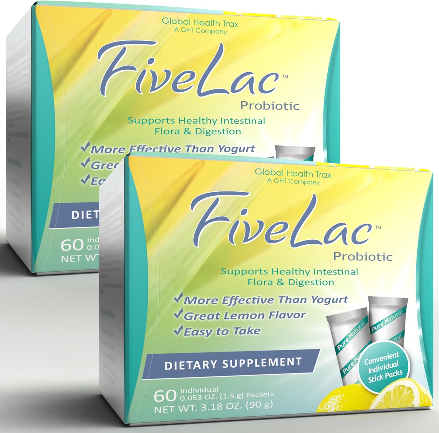 Global Health Trax GHT - FiveLac Lemon Probiotic Powder Drink Mix, Probiotics for Women, Men & Kids - Smooth Digestive Support & Elimination - Relieves Constipation & Gas - 60 Packets (2 Pack) Non-GMO