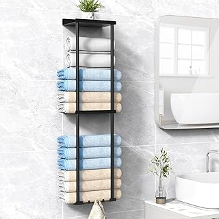 Towel Rack For Bathroom, Wall Mounted Bath Towel Holder Storage Organizer For Rolled Towels, Vertical Towel Rack With Shelf Can Holds Up 6 Large Bath Towel, Black