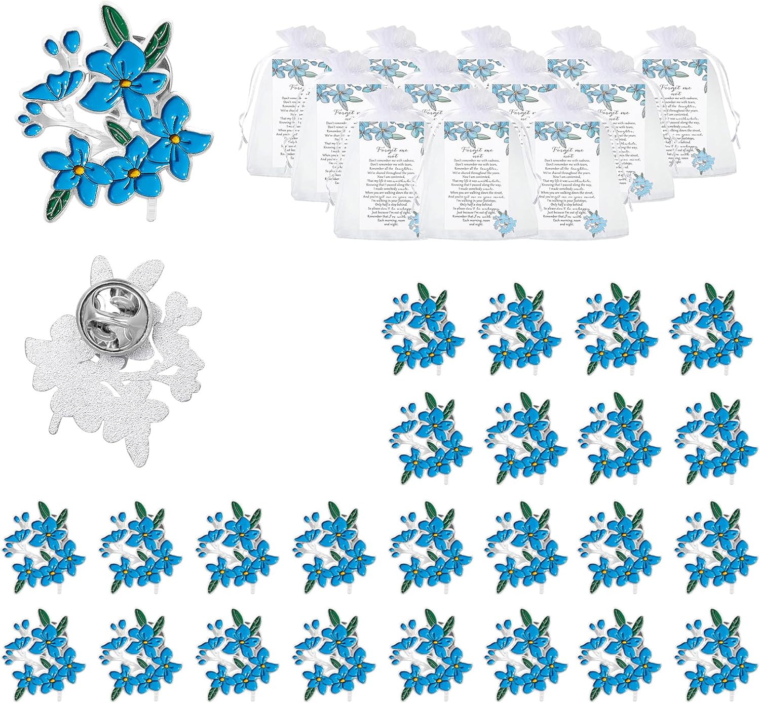 Forget-me-not Memorial Pins Bulk Celebration of Life Funeral Favors Includes Forget Me Not Flower Lapel Pin Brooches Memorial Poem Cards Organza Bags Memorial Gift for Loved Ones