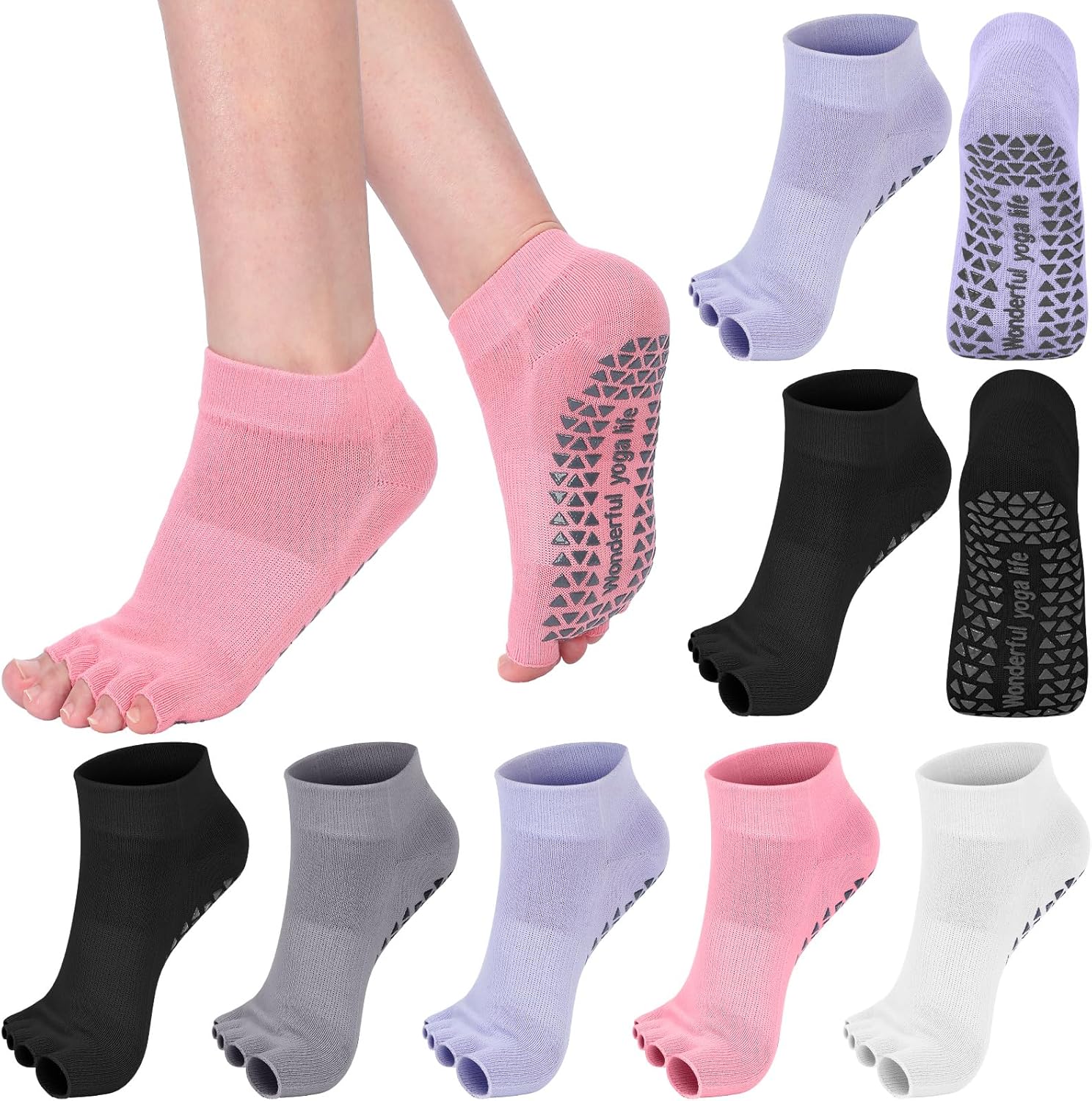 Jeyiour 5 Pairs Toeless Yoga Socks with Grips Non Slip Pilates Yoga Open Toe Pedicure Split Toe Socks for Women