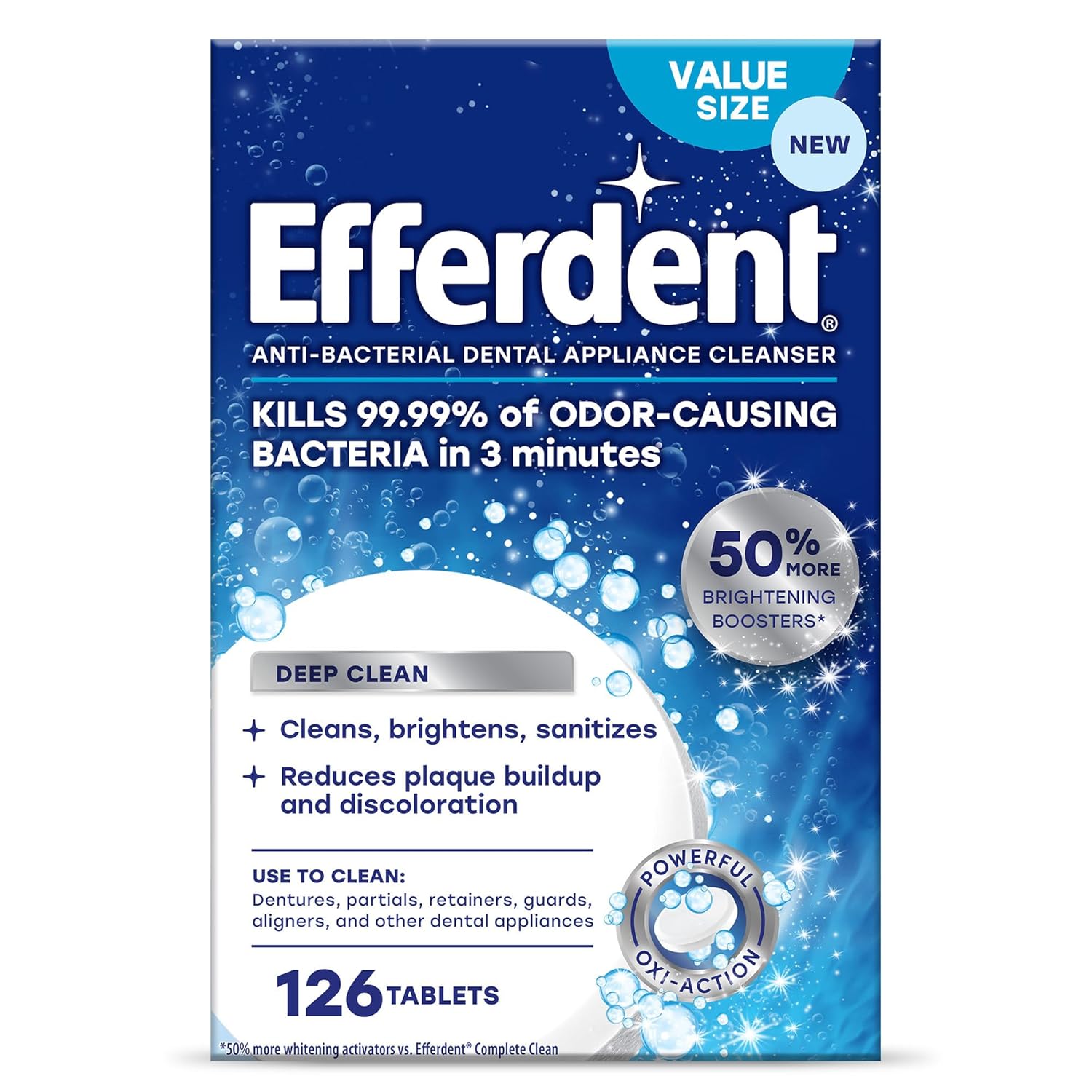 Efferdent Deep Clean, Retainer Cleaning Tablets, Denture Cleanser Tablets for Dental Appliances, 126 Count