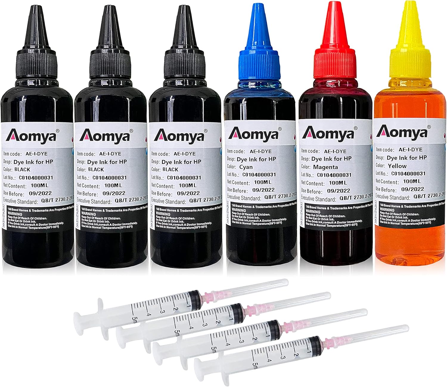 Aomya Compatible Ink Refill kit for HP 60 61 63 64 65 902 932 952 564 Refillable Ink Cartridge for HP Envy 4500 4520 5643 OfficeJet 6500a 6500 6000 (3 Black, 1 Cyan, 1 Magenta, 1 Yellow 6x100ml)