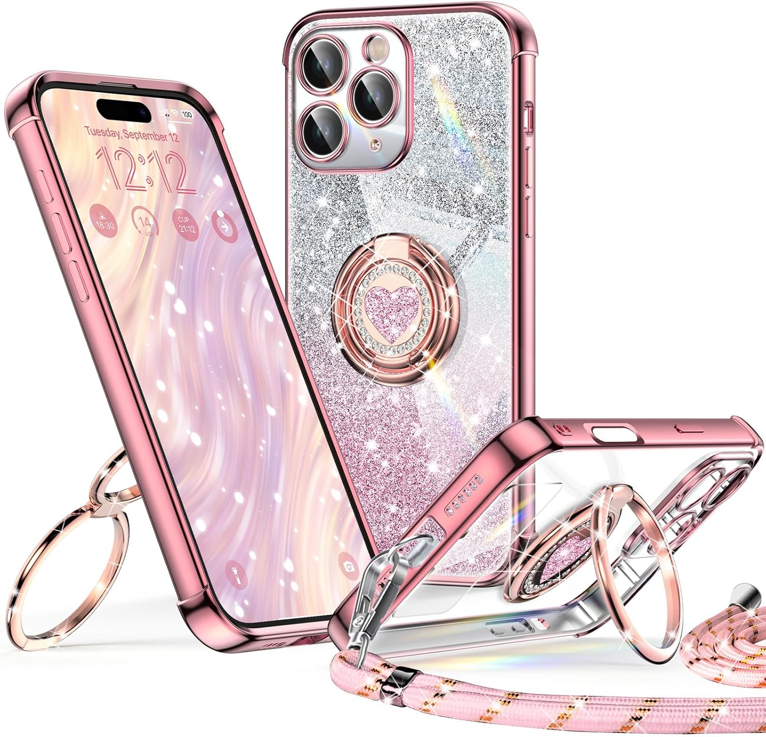 XYZ for iPhone 16 Pro Case with Stand, Soft Cute Luxury Love Heart with Lanyard for Women Girls, Double Ring Bling Glitter Clear Protective Phone Cover Case for iPhone 16 Pro - Pink