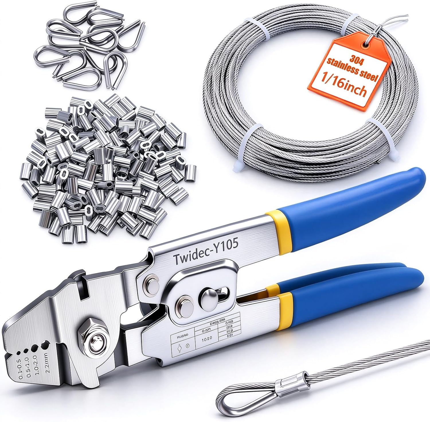 Twidec/Wire Rope Crimping Tool Up To 2.2mm Swaging Tool With 160PCS 1/16''Aluminum Crimping Loop Sleeve And 66FT 1/16'' 304 stainless steel Wire Rope 12PCS Wire Rope Thimbles Kit