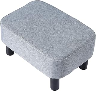IBUYKE 16.54" Small Footstool Linen Fabric Pouf Ottoman Footrest Modern Home Bedroom Rectangular Stool, with Padded Seat Pine Wood Legs, Gray Blue RF-BD214-D