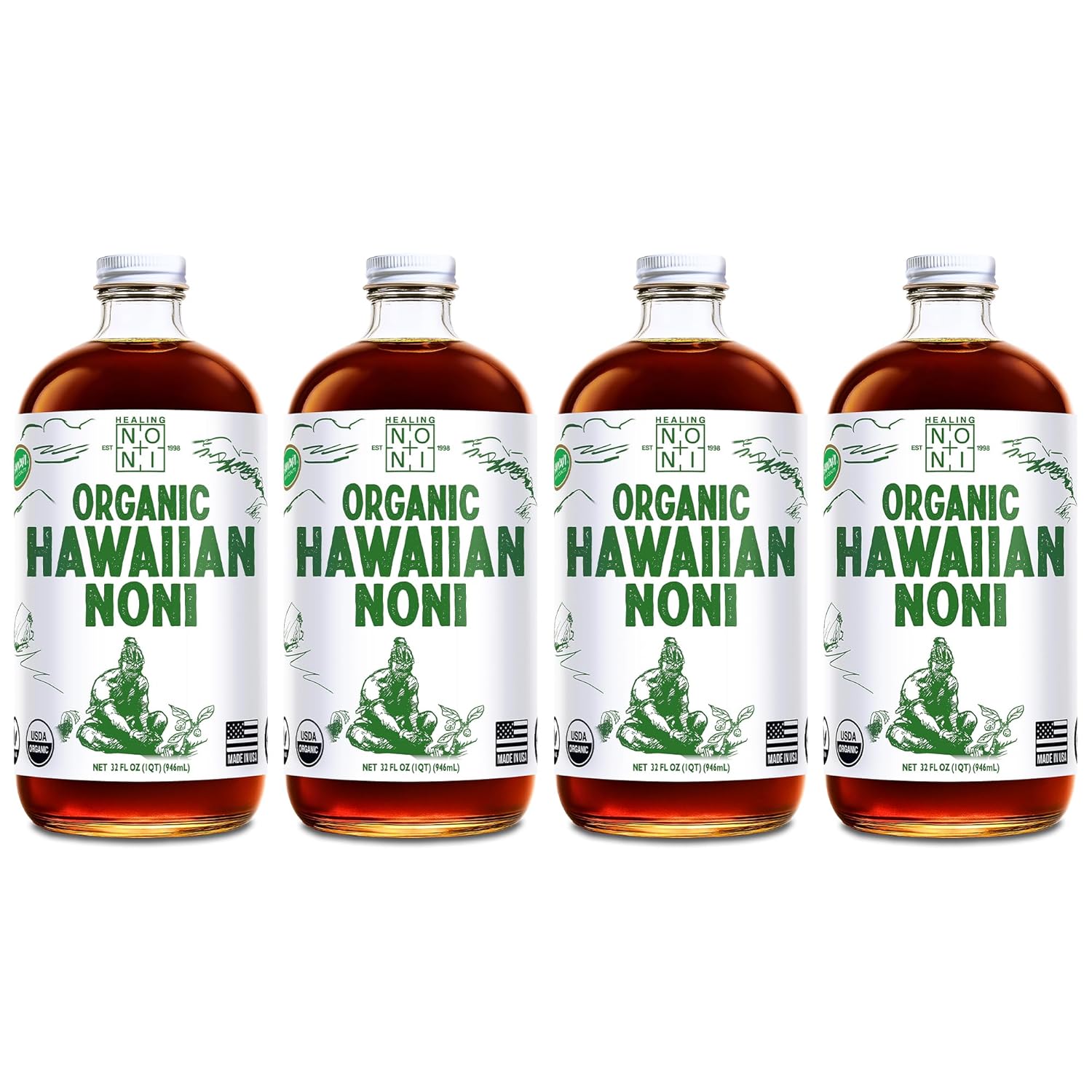 Healing Noni - 100% Pure Noni Juice - USDA Organic, Full Strength, Cold Pressed, Hawaiian-Grown Superfood - 4 Month Supply - (32oz, 4 Pack)